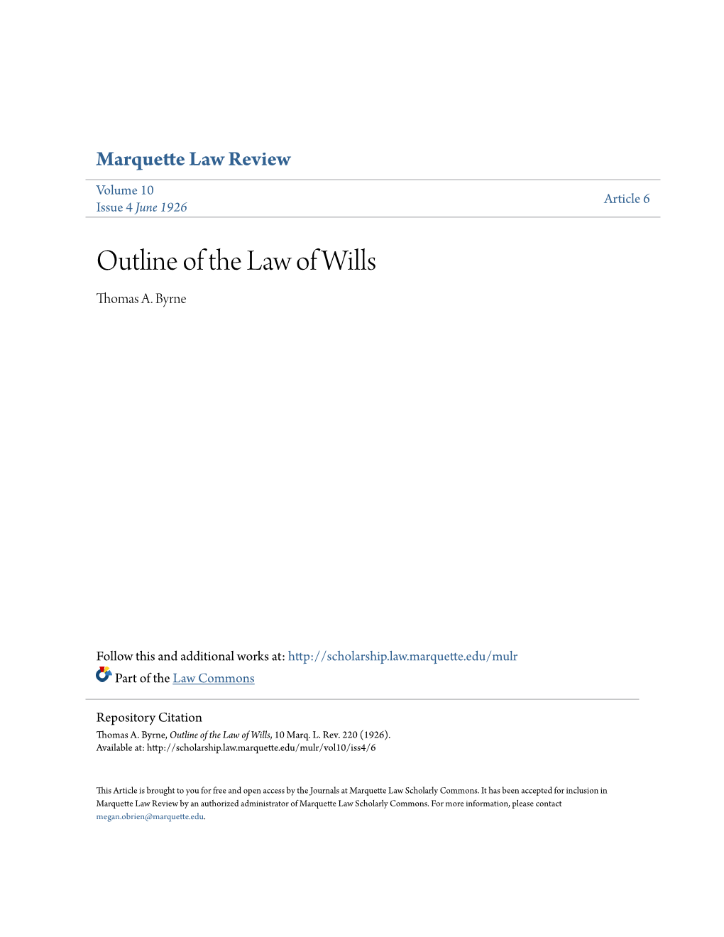 Outline of the Law of Wills Thomas A