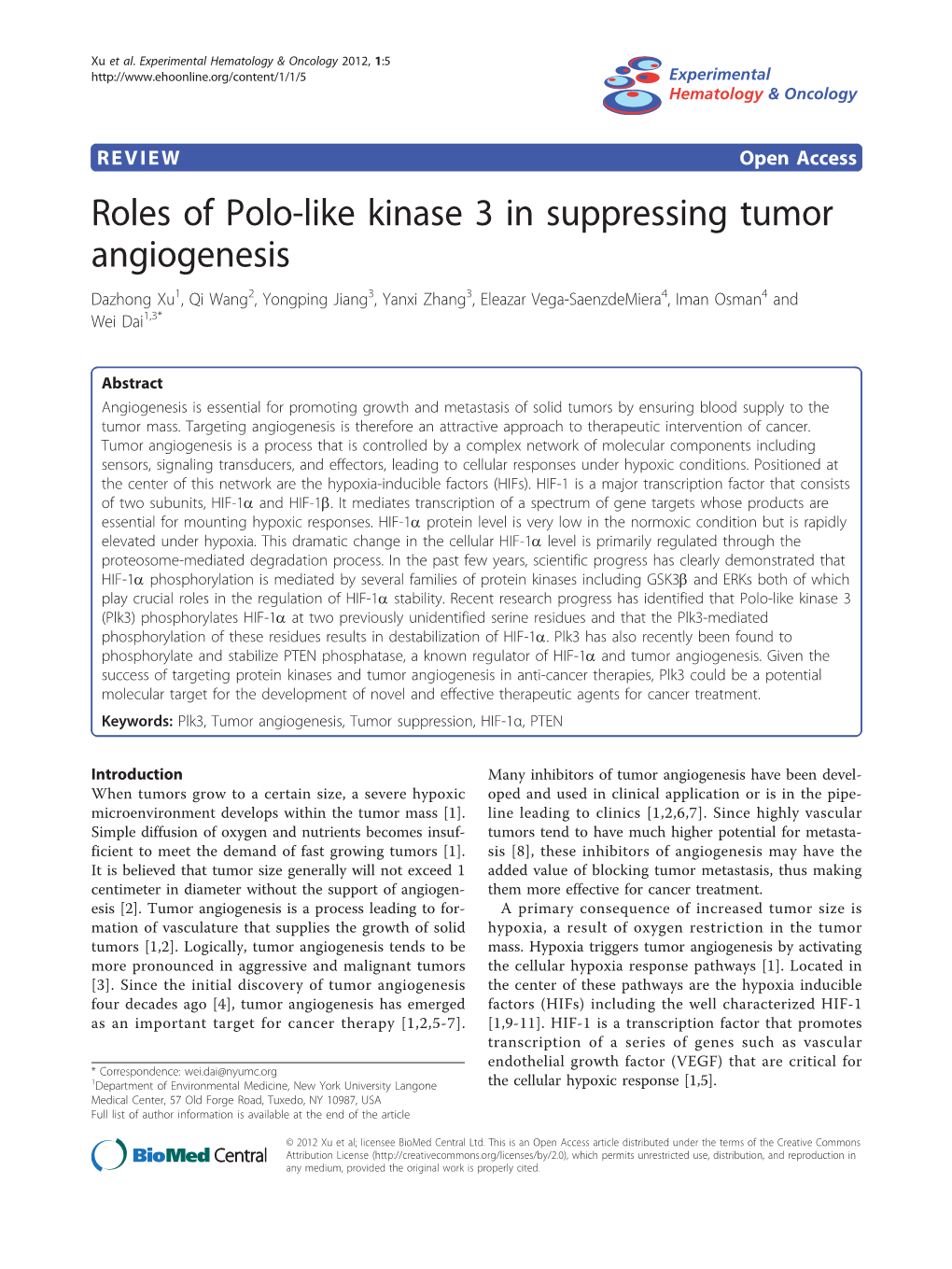 Roles of Polo-Like Kinase 3 in Suppressing Tumor Angiogenesis