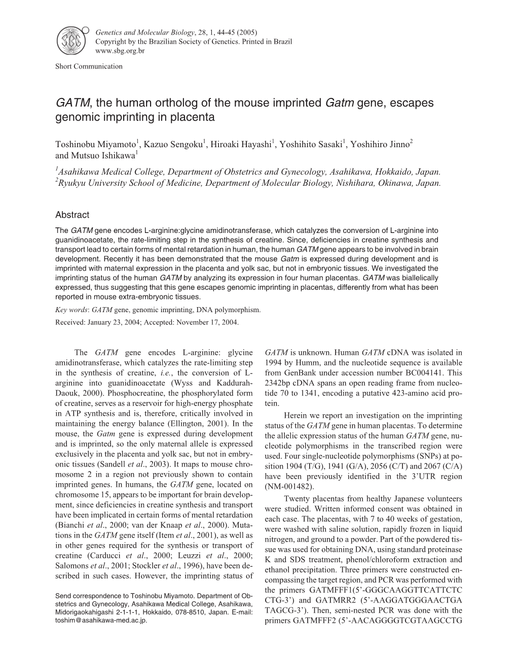 GATM, the Human Ortholog of the Mouse Imprinted Gatm Gene, Escapes Genomic Imprinting in Placenta