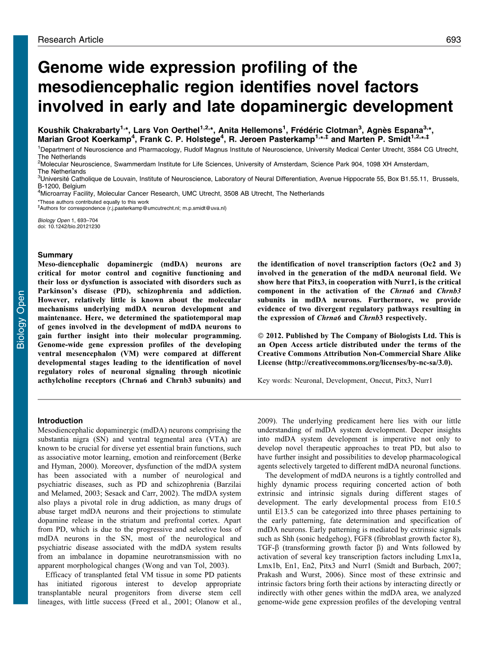 Genome Wide Expression Profiling of the Mesodiencephalic Region Identifies Novel Factors Involved in Early and Late Dopaminergic Development