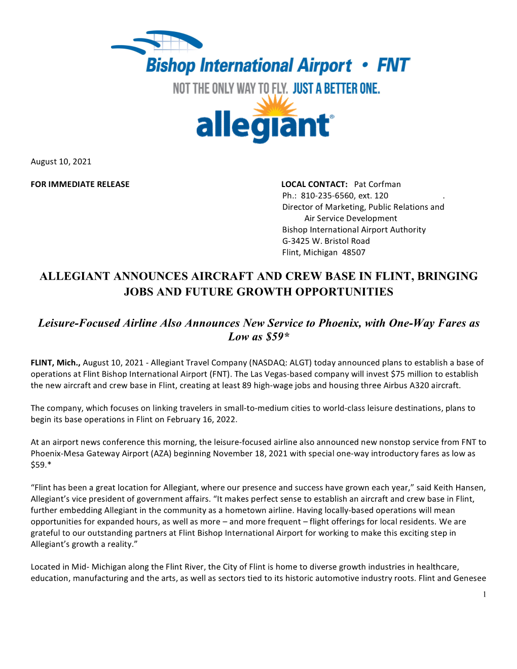Allegiant Announces Aircraft and Crew Base in Flint, Bringing Jobs and Future Growth Opportunities