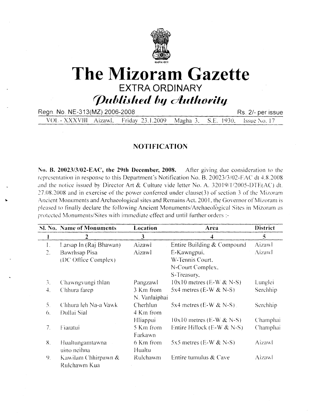 The Mizoram Gazette EXTRA ORDINARY (Jjllbli~/Lf!£L Hy Cjblljlbllily Regn No