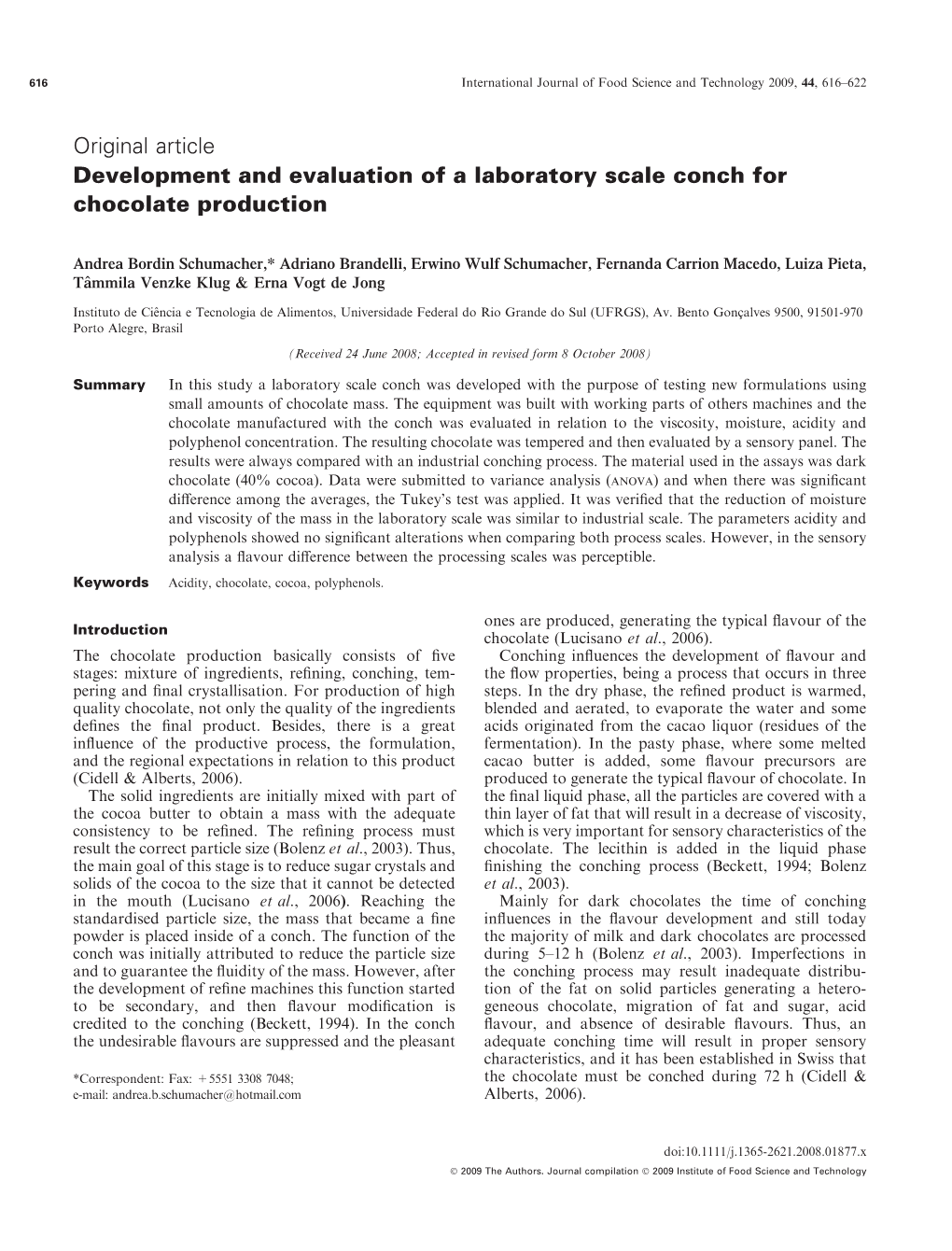 Development and Evaluation of a Laboratory Scale Conch for Chocolate Production