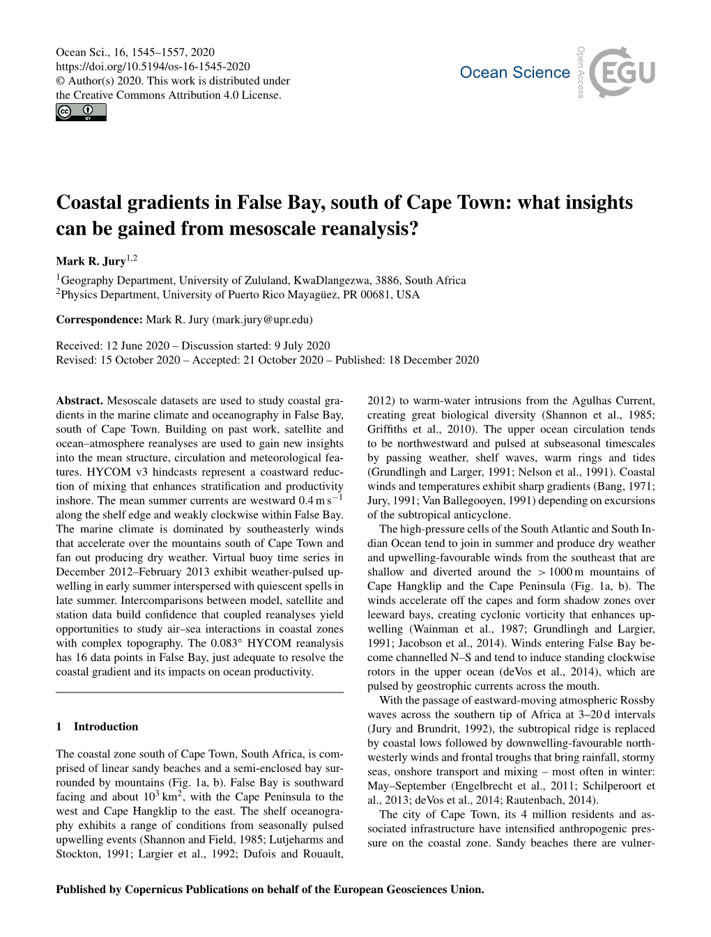 Coastal Gradients in False Bay, South of Cape Town: What Insights Can Be Gained from Mesoscale Reanalysis?