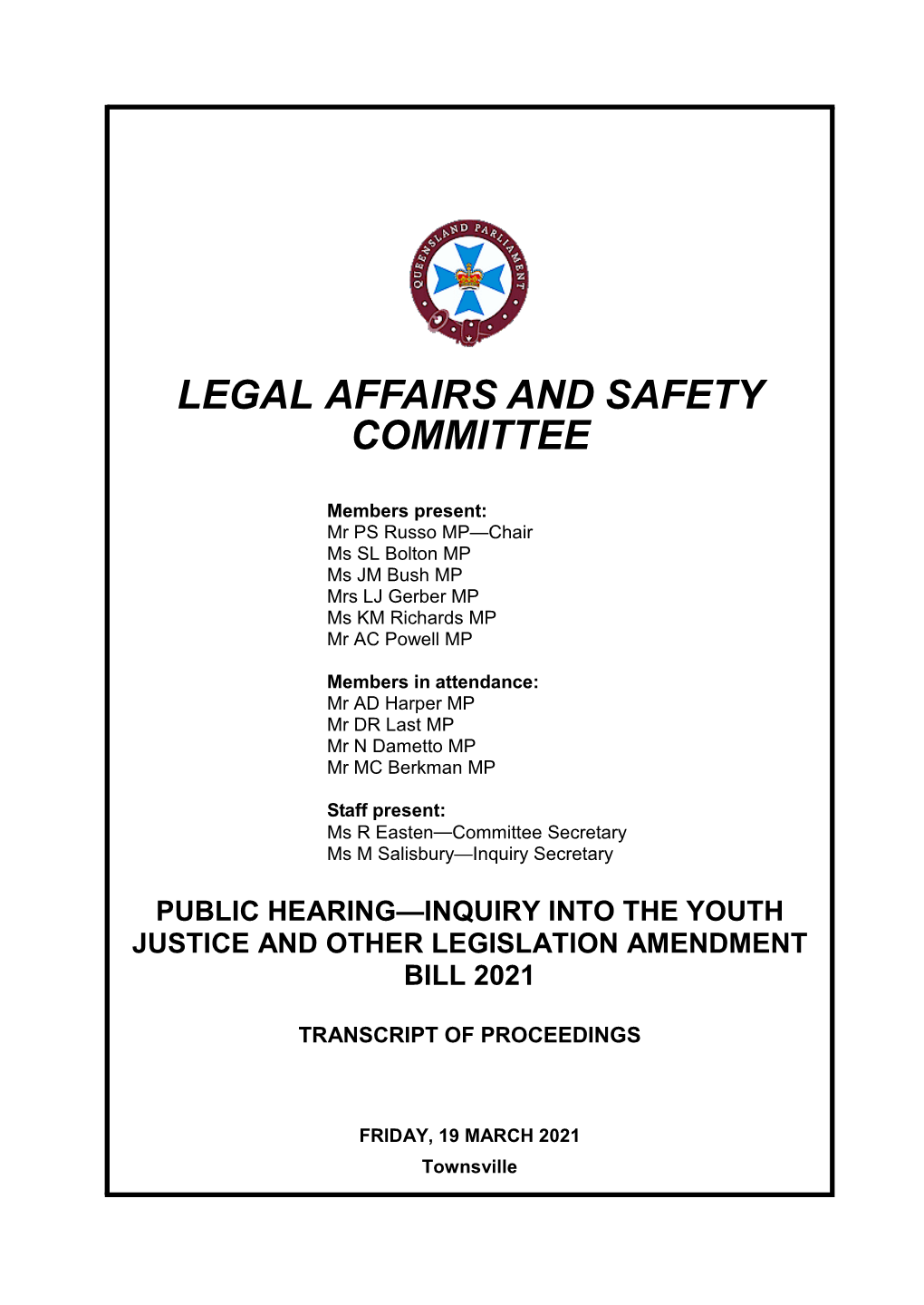 Youth Justice and Other Legislation Amendment Bill 2021