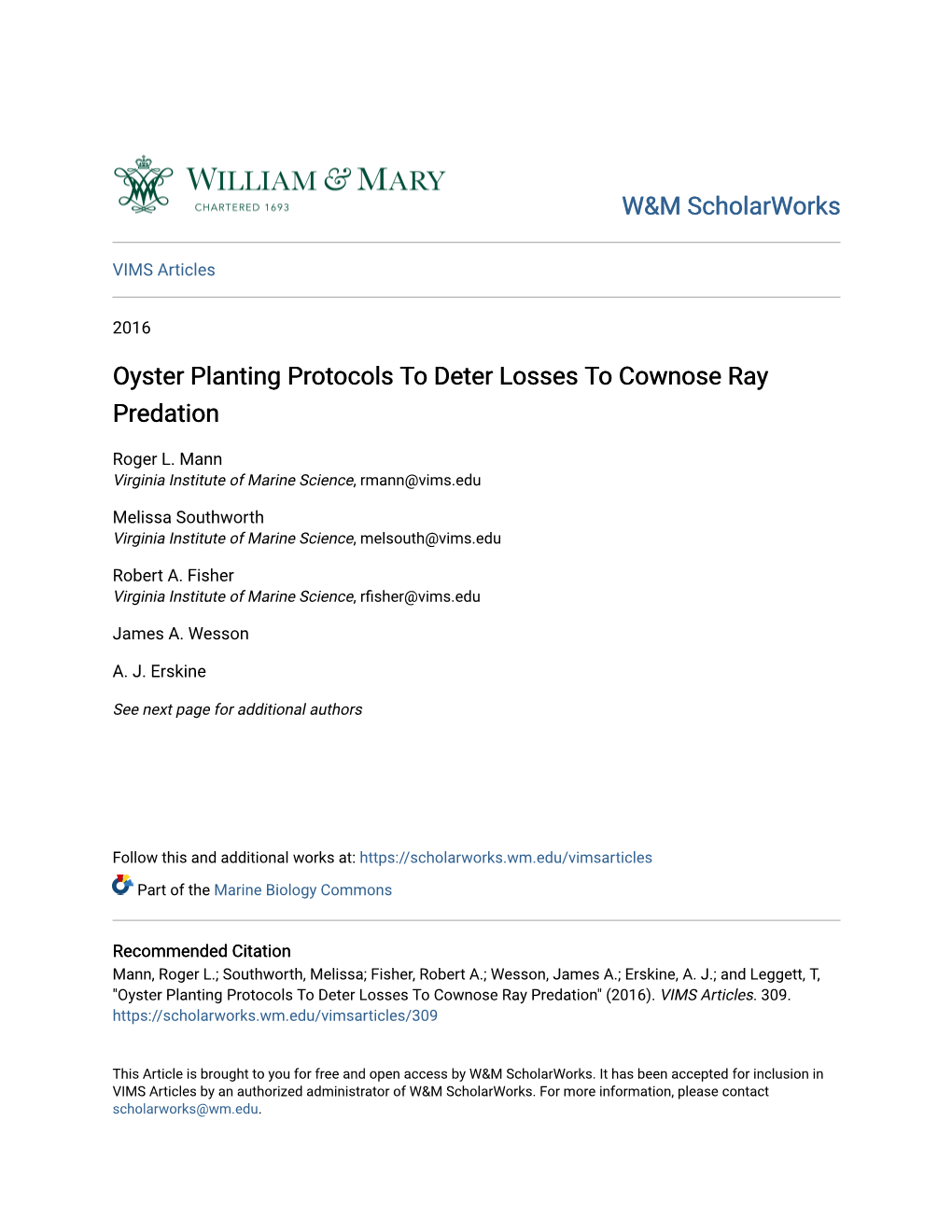 Oyster Planting Protocols to Deter Losses to Cownose Ray Predation