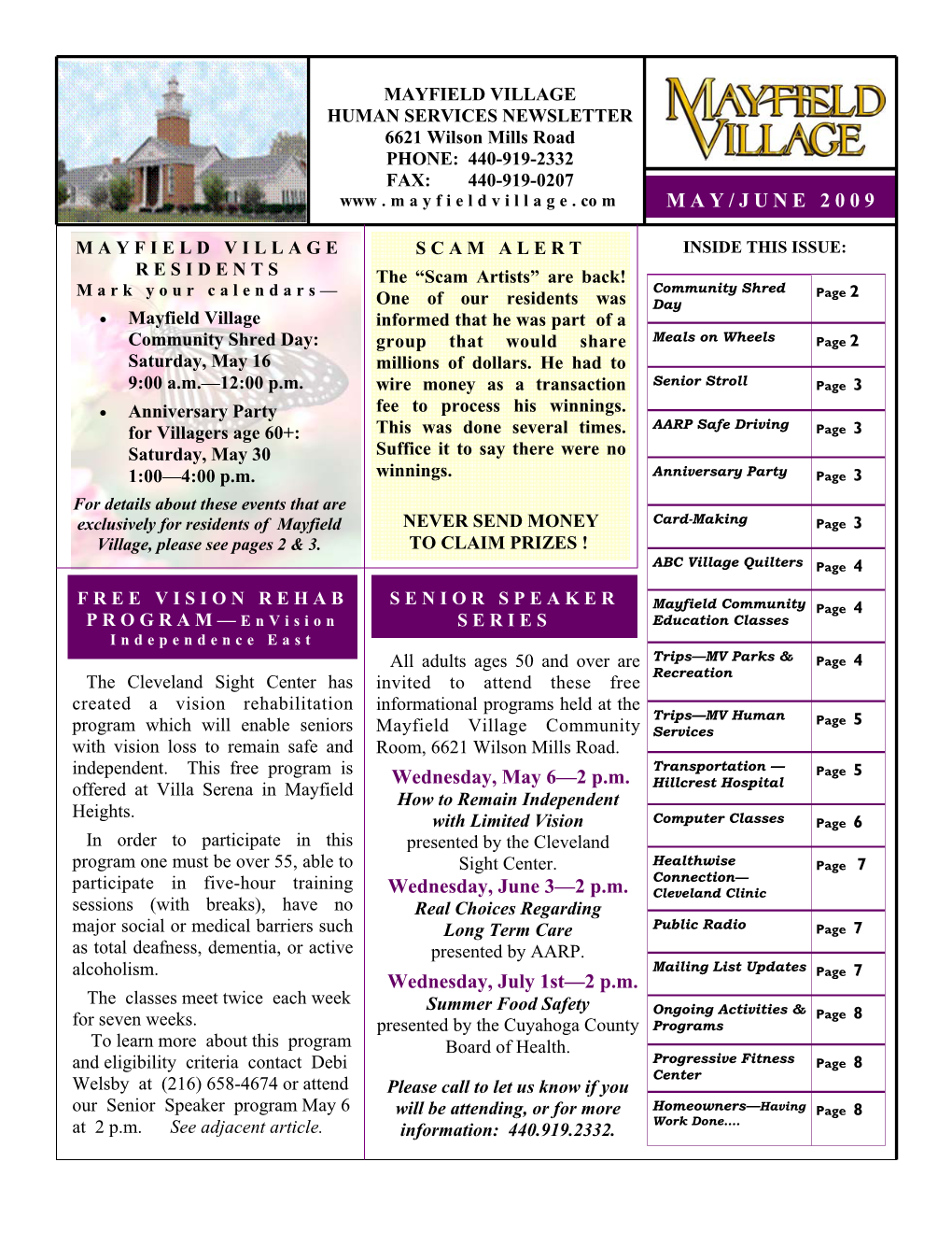 Updated 04 27 and 4 20 and 04 15 09 U 4 17 May June 2009 Hsd Newsletter