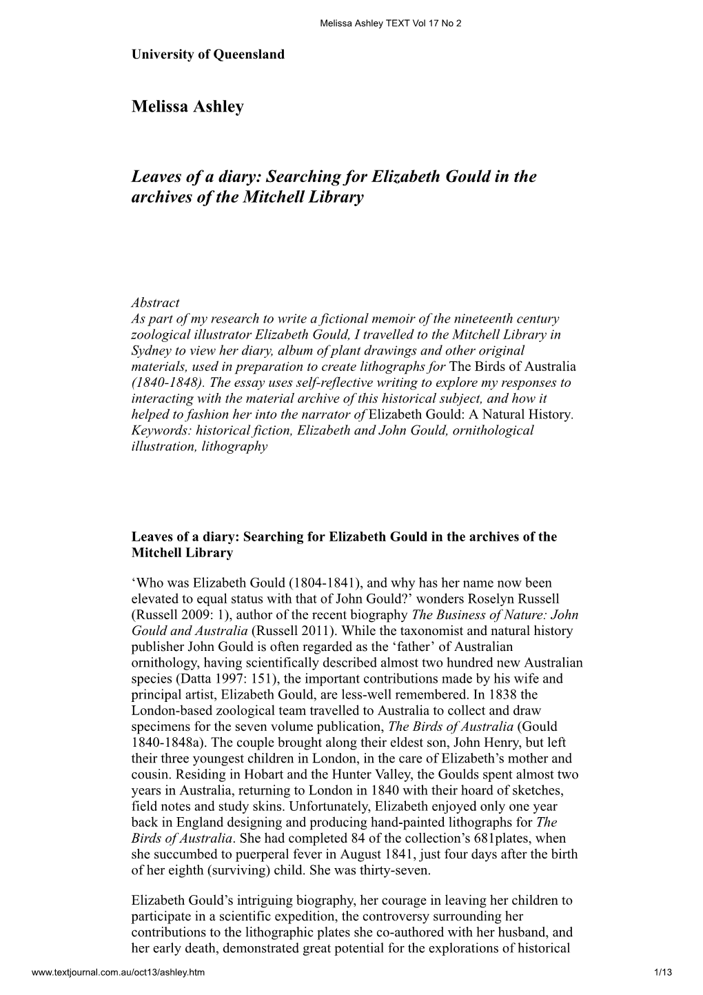 Melissa Ashley Leaves of a Diary: Searching for Elizabeth Gould In