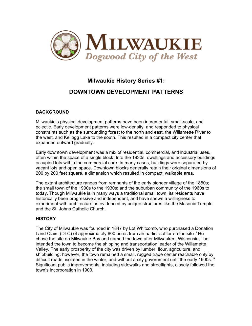 Milwaukie History Series #1: DOWNTOWN DEVELOPMENT PATTERNS