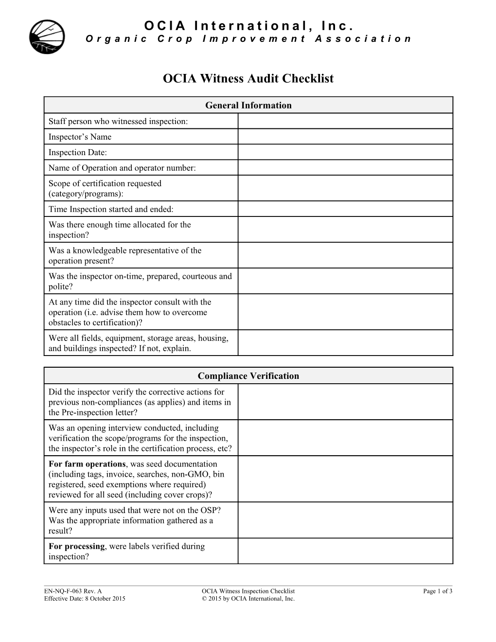 OCIA Witness Audit Checklist