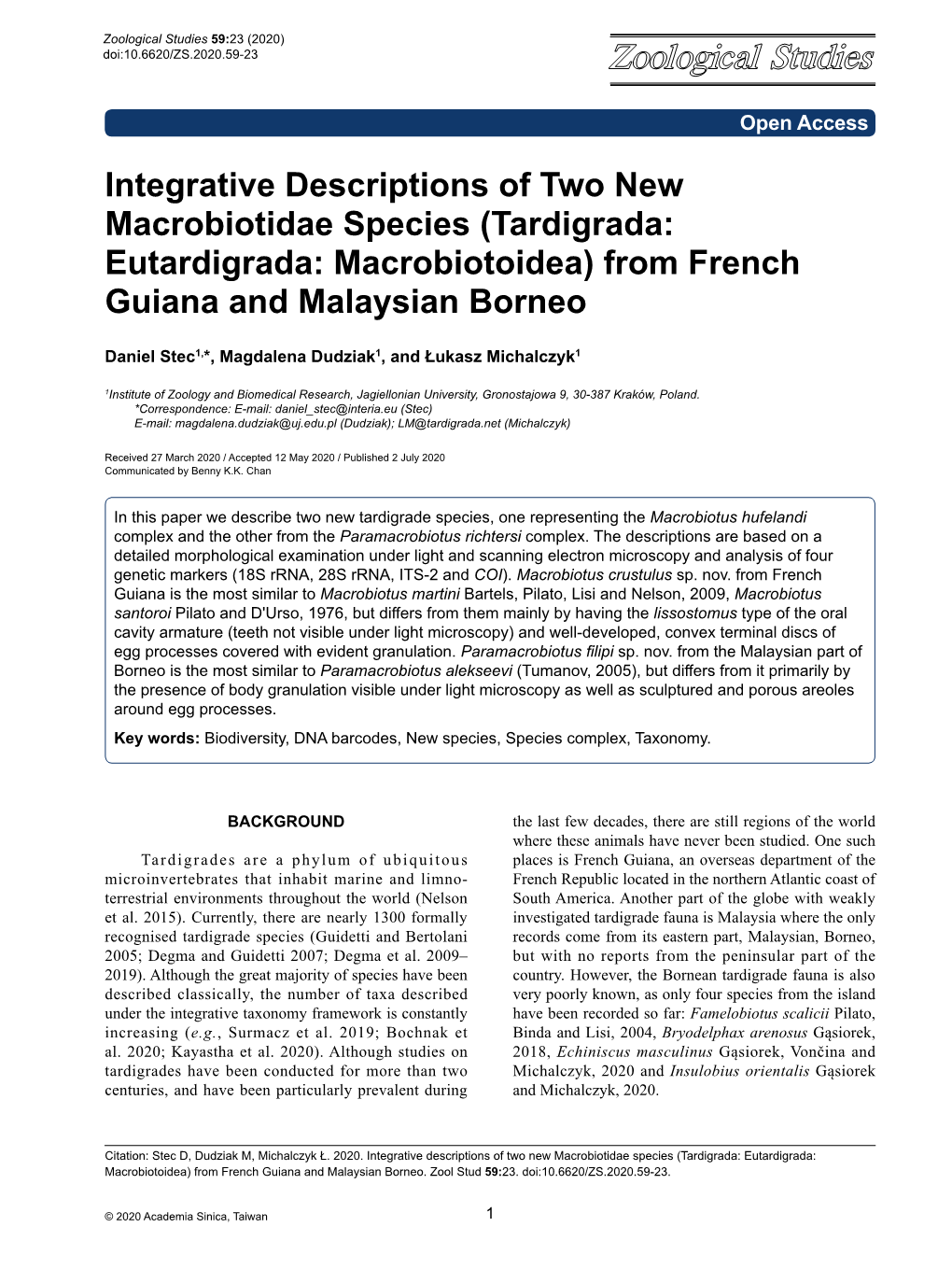 Integrative Descriptions of Two New Macrobiotidae Species (Tardigrada: Eutardigrada: Macrobiotoidea) from French Guiana and Malaysian Borneo