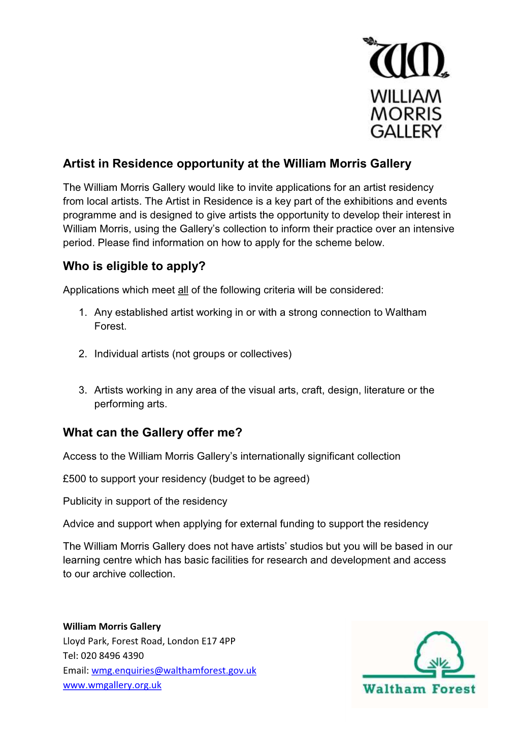 Artist in Residence Opportunity at the William Morris Gallery Who Is