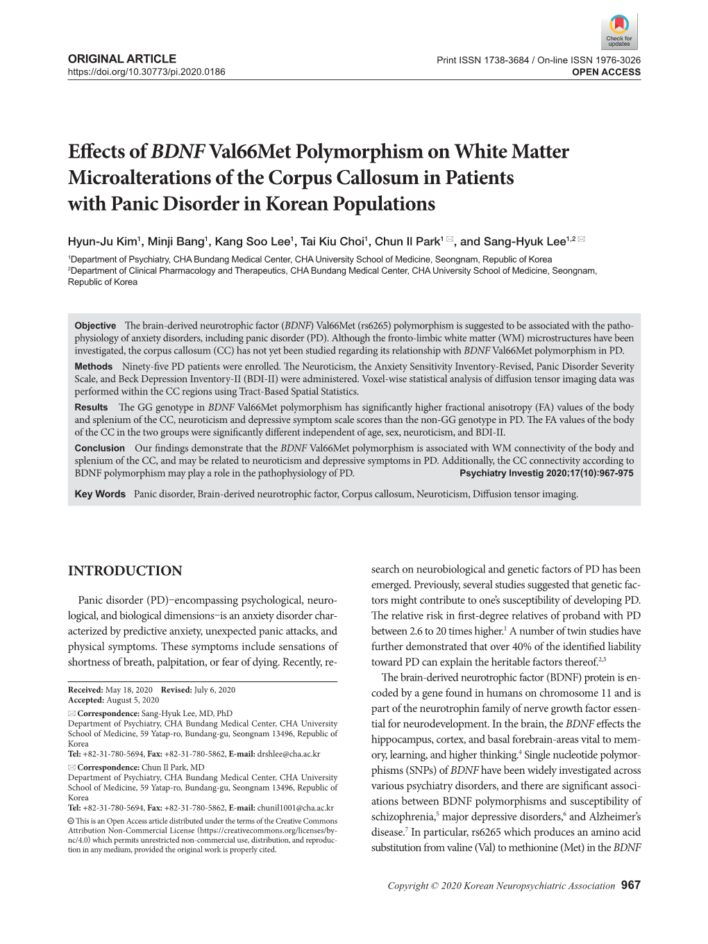 Effects of BDNF Val66met Polymorphism on White Matter Microalterations of the Corpus Callosum in Patients with Panic Disorder in Korean Populations