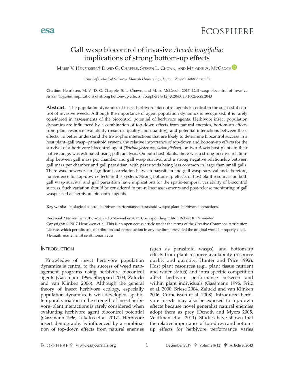 Gall Wasp Biocontrol of Invasive Acacia Longifolia: Implications of Strong Bottom-Up Effects