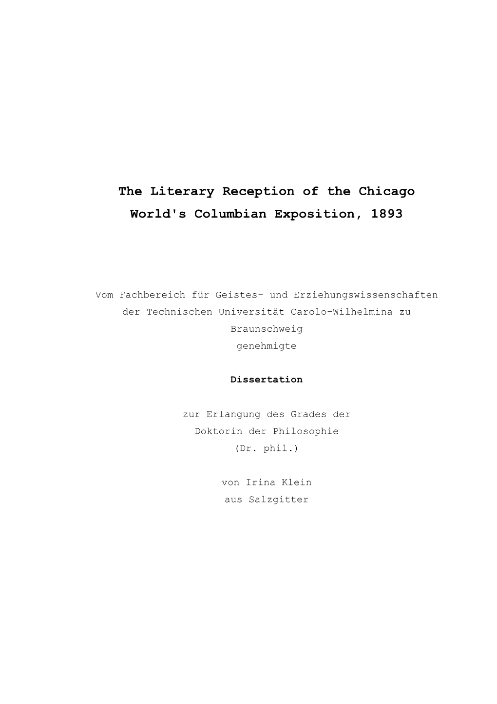 The Literary Reception of the Chicago World's Columbian Exposition, 1893