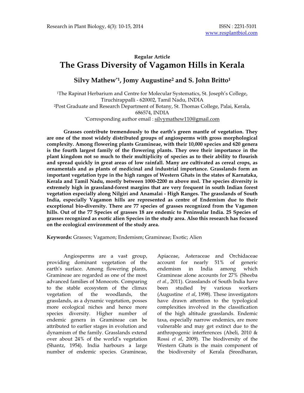 The Grass Diversity of Vagamon Hills in Kerala