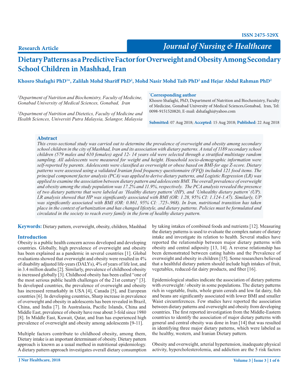 Dietary Patterns As a Predictive Factor for Overweight and Obesity Among