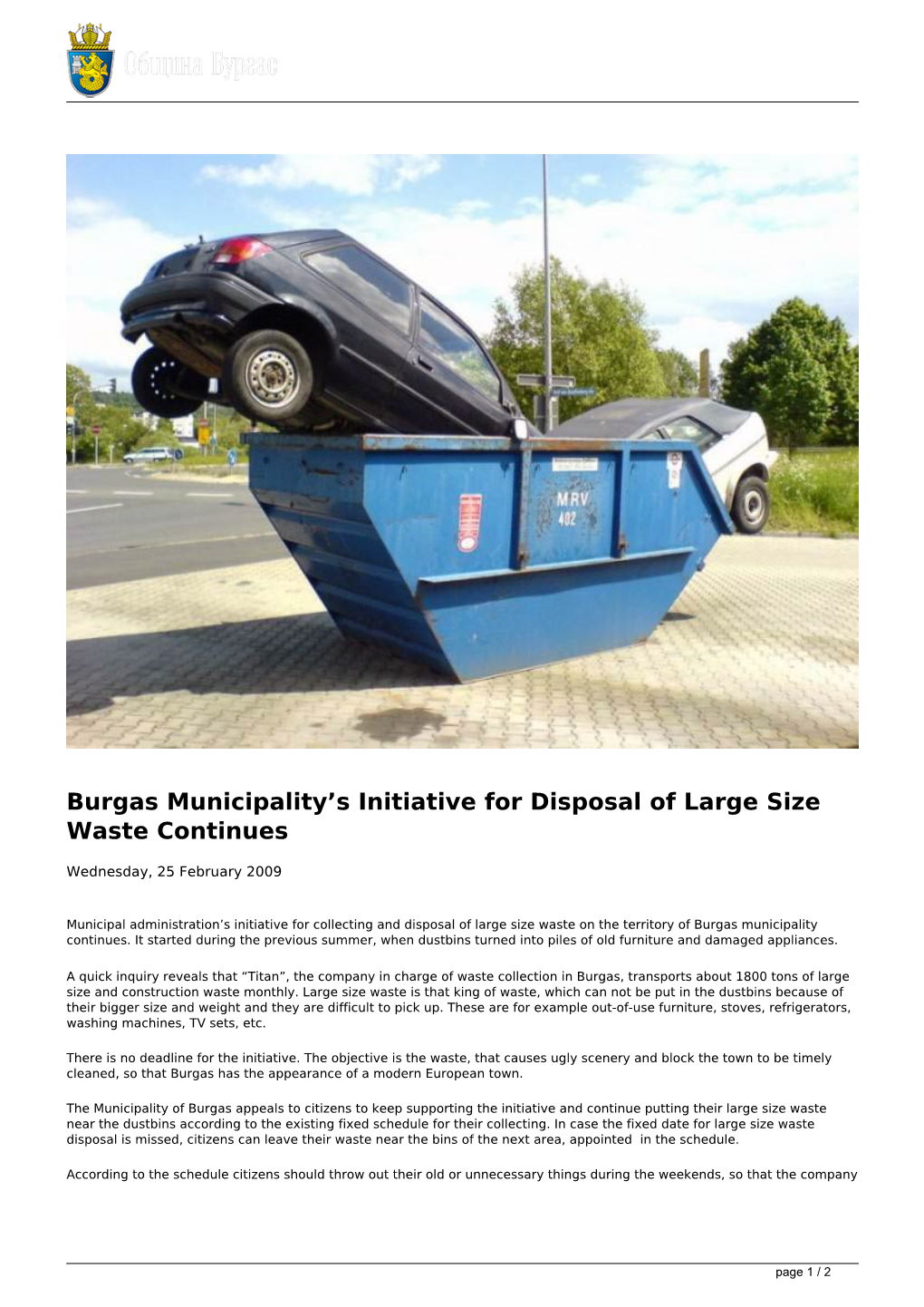 Burgas Municipality's Initiative for Disposal of Large Size Waste Continues