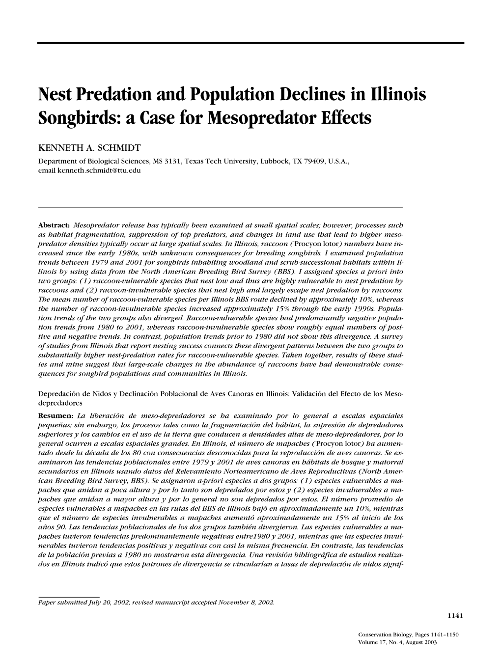 Nest Predation and Population Declines in Illinois Songbirds: a Case for Mesopredator Effects