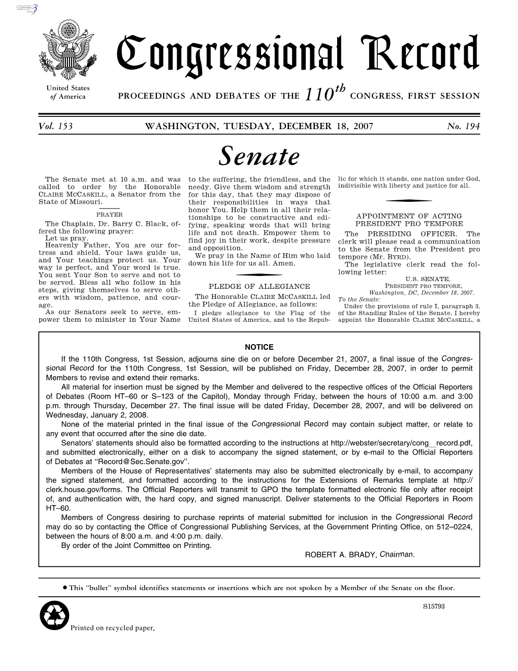 Congressional Record United States Th of America PROCEEDINGS and DEBATES of the 110 CONGRESS, FIRST SESSION