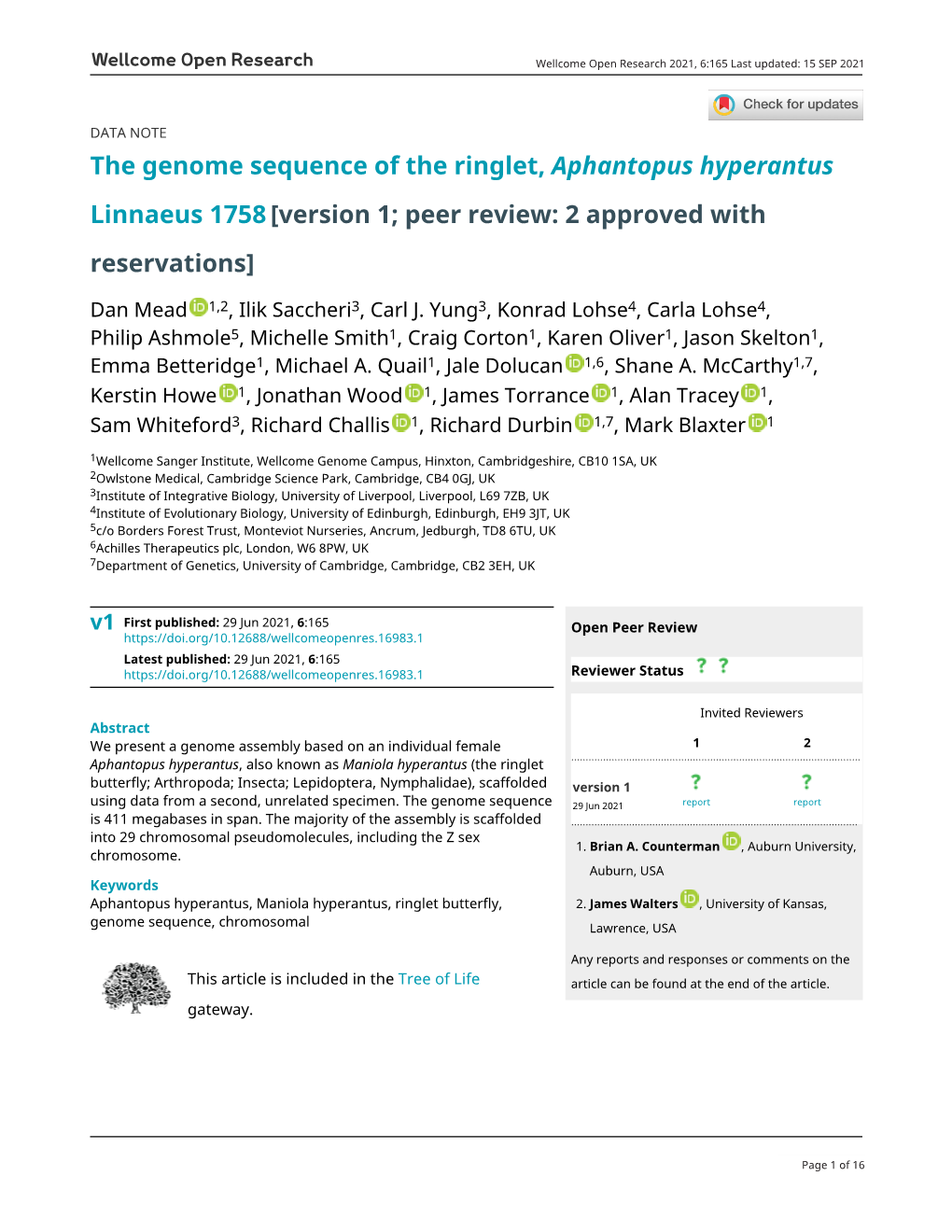 The Genome Sequence of the Ringlet, Aphantopus Hyperantus Linnaeus