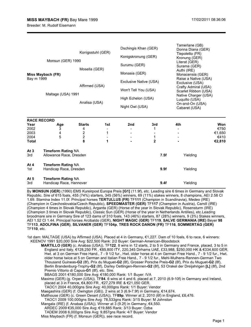 MISS MAYBACH (FR) Bay Mare 1999 17/02/2011 08:36:06 Breeder: M