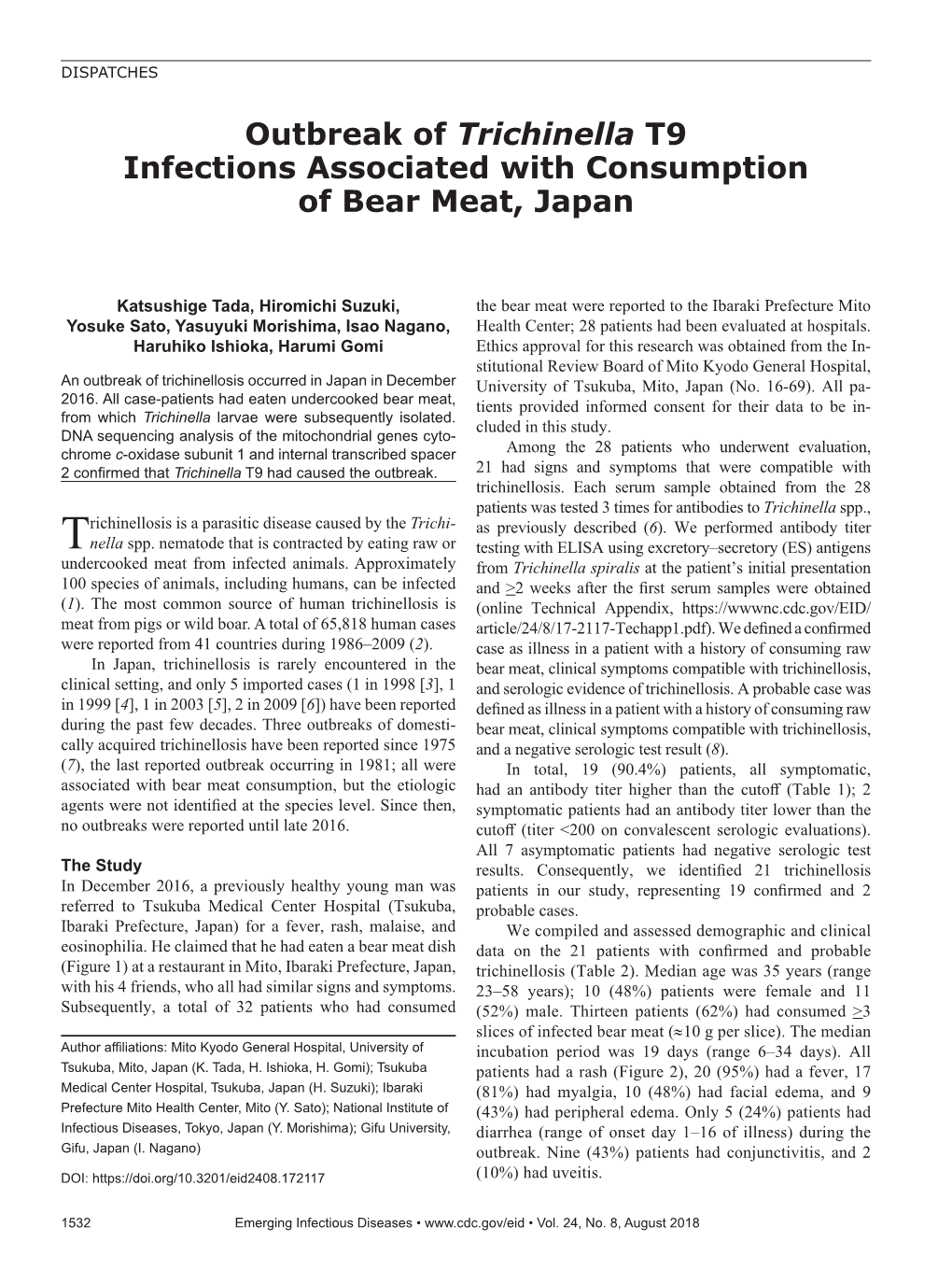 Outbreak of Trichinella T9 Infections Associated with Consumption of Bear Meat, Japan