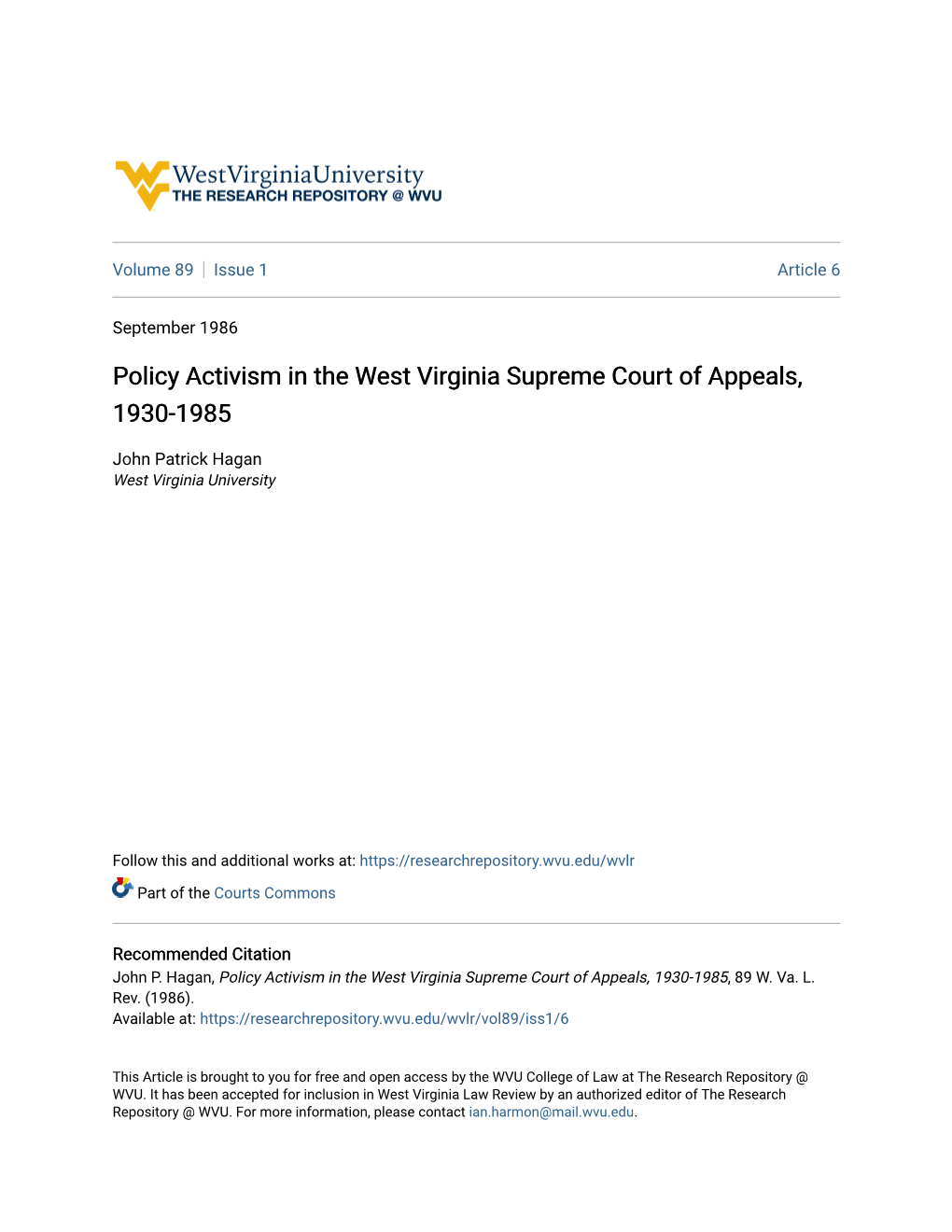 Policy Activism in the West Virginia Supreme Court of Appeals, 1930-1985