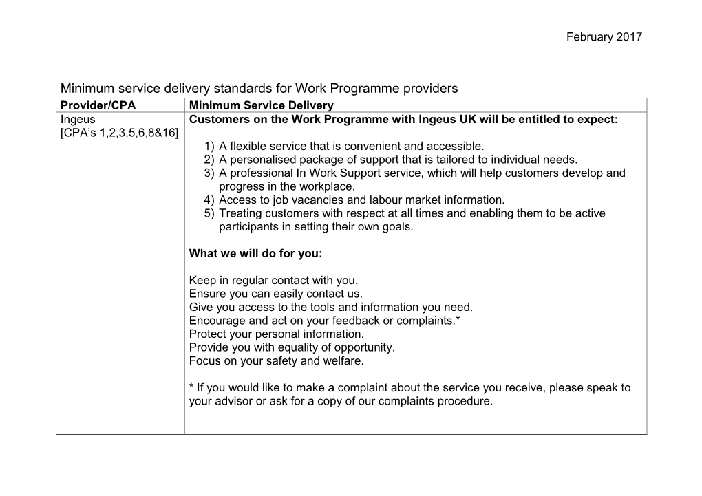 Minimum Service Delivery Standards for Work Programme Providers