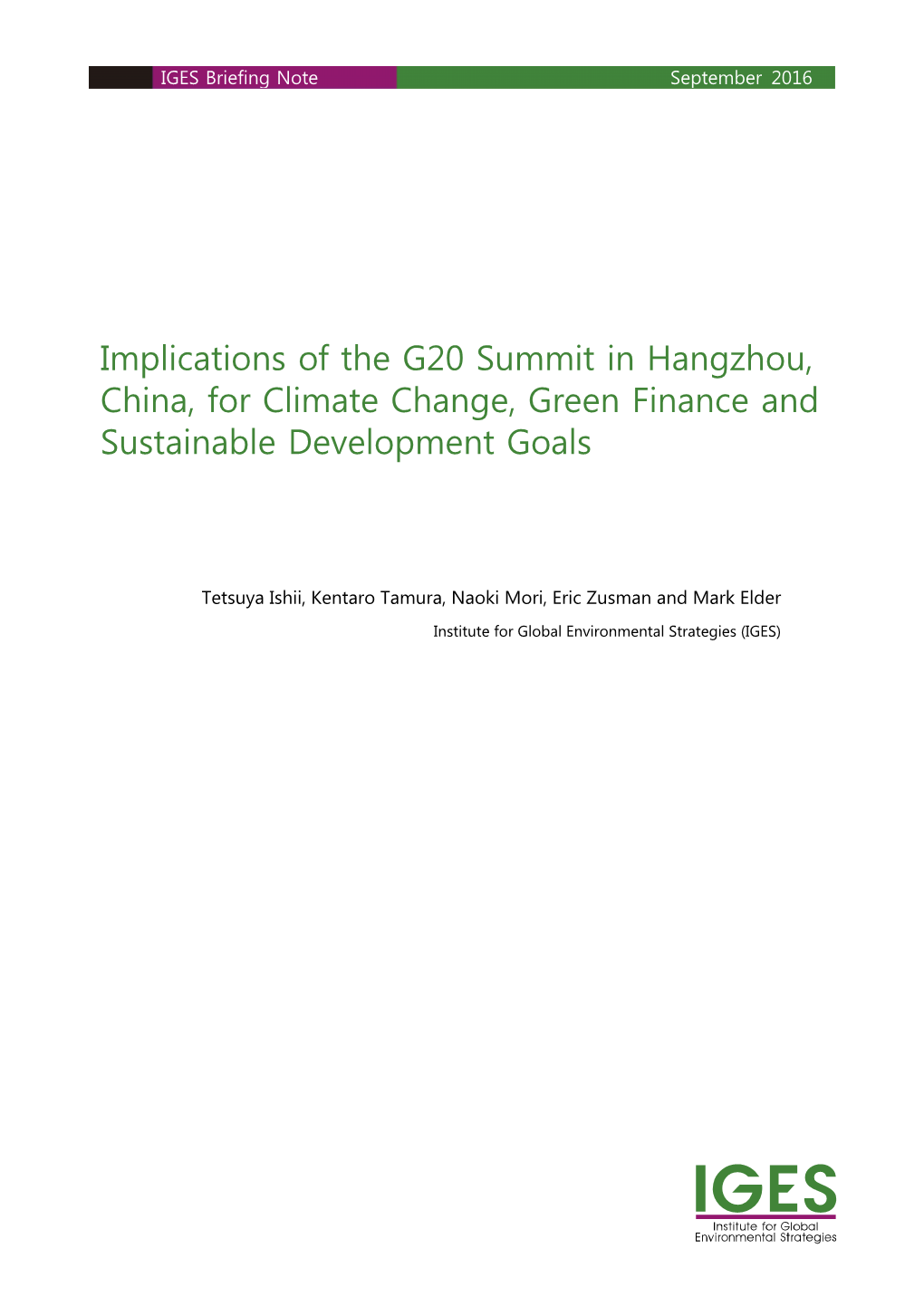 Implications of the G20 Summit in Hangzhou, China, for Climate Change, Green Finance and Sustainable Development Goals