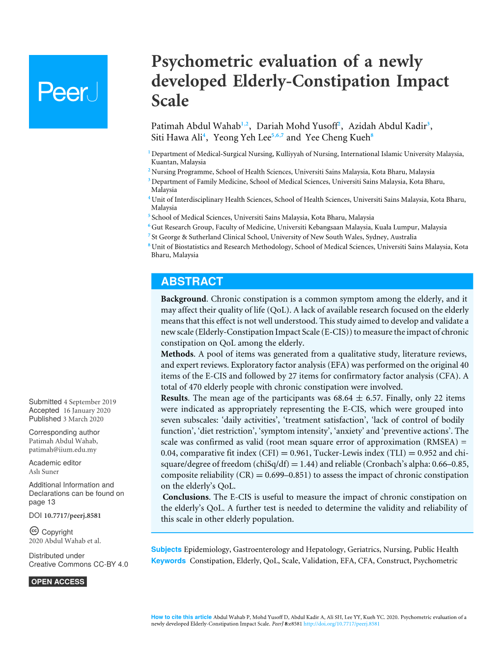 Psychometric Evaluation of a Newly Developed Elderly-Constipation Impact Scale