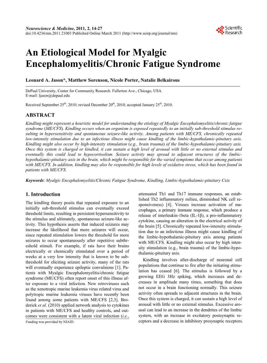An Etiological Model for Myalgic Encephalomyelitis/Chronic Fatigue Syndrome