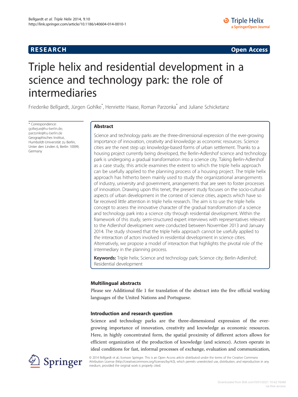 Triple Helix and Residential Development in a Science And