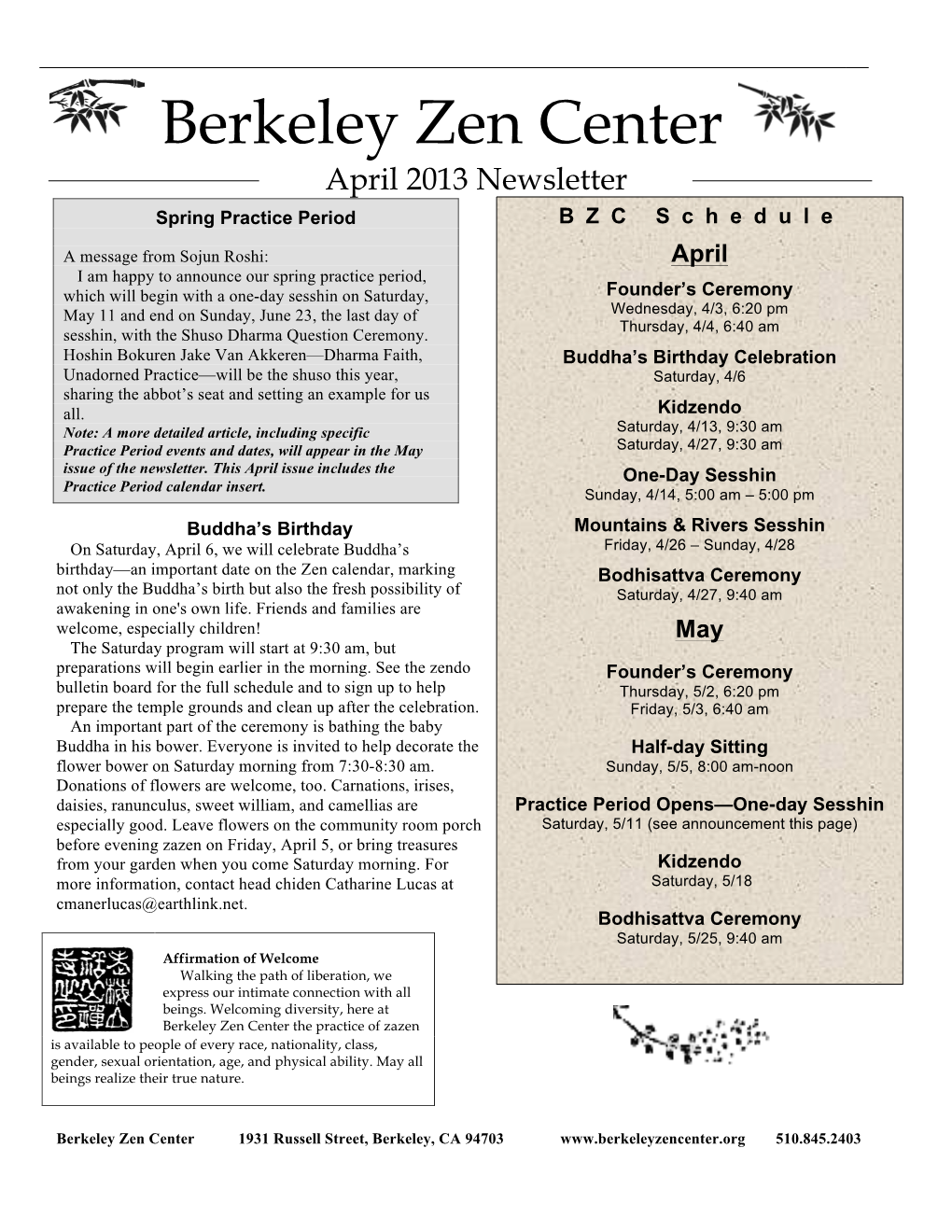 Berkeley Zen Center April 2013 Newsletter