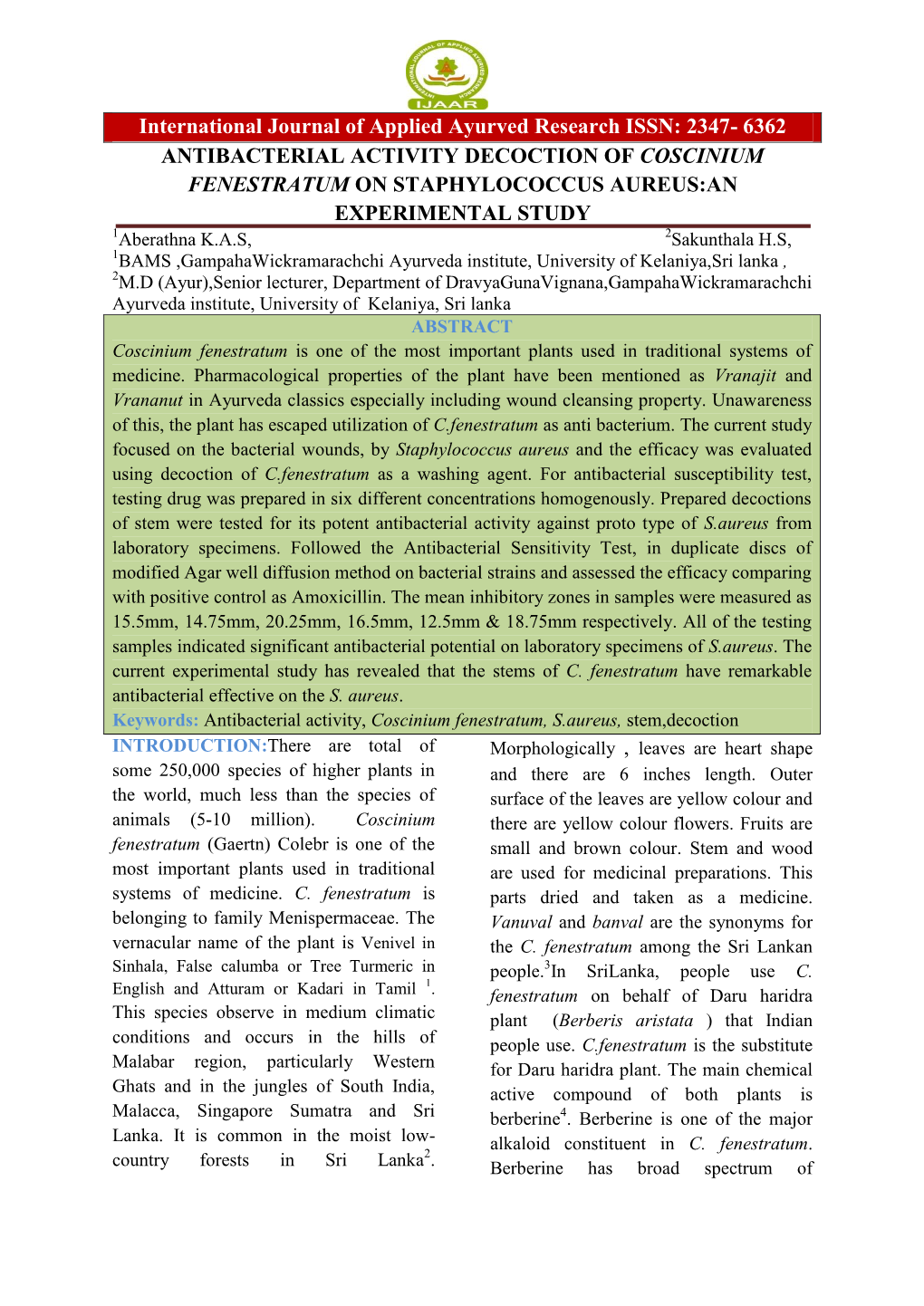 Antibacterial Activity Decoction of Coscinium Fenestratum On