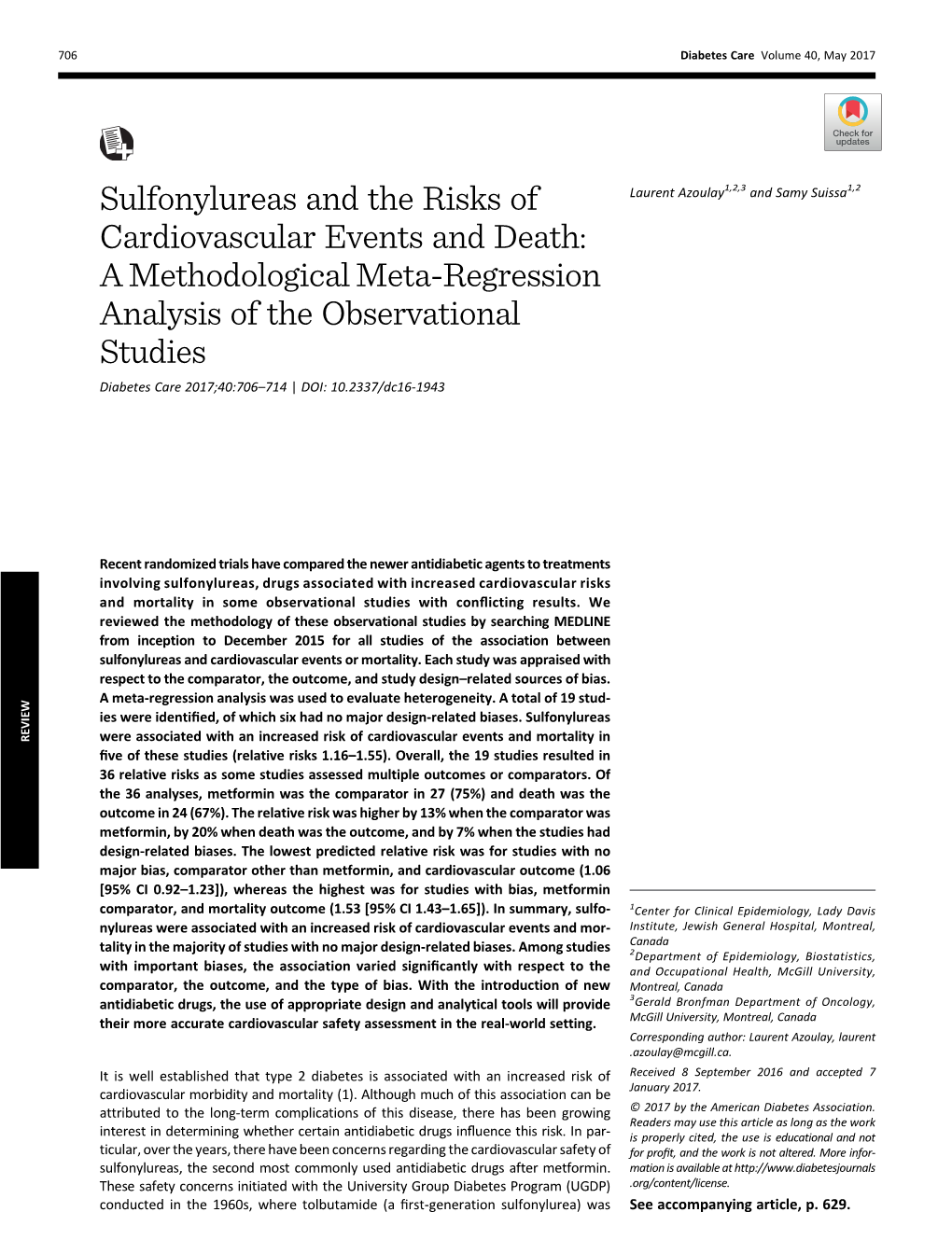 Sulfonylureas and the Risks of Cardiovascular Events and Death