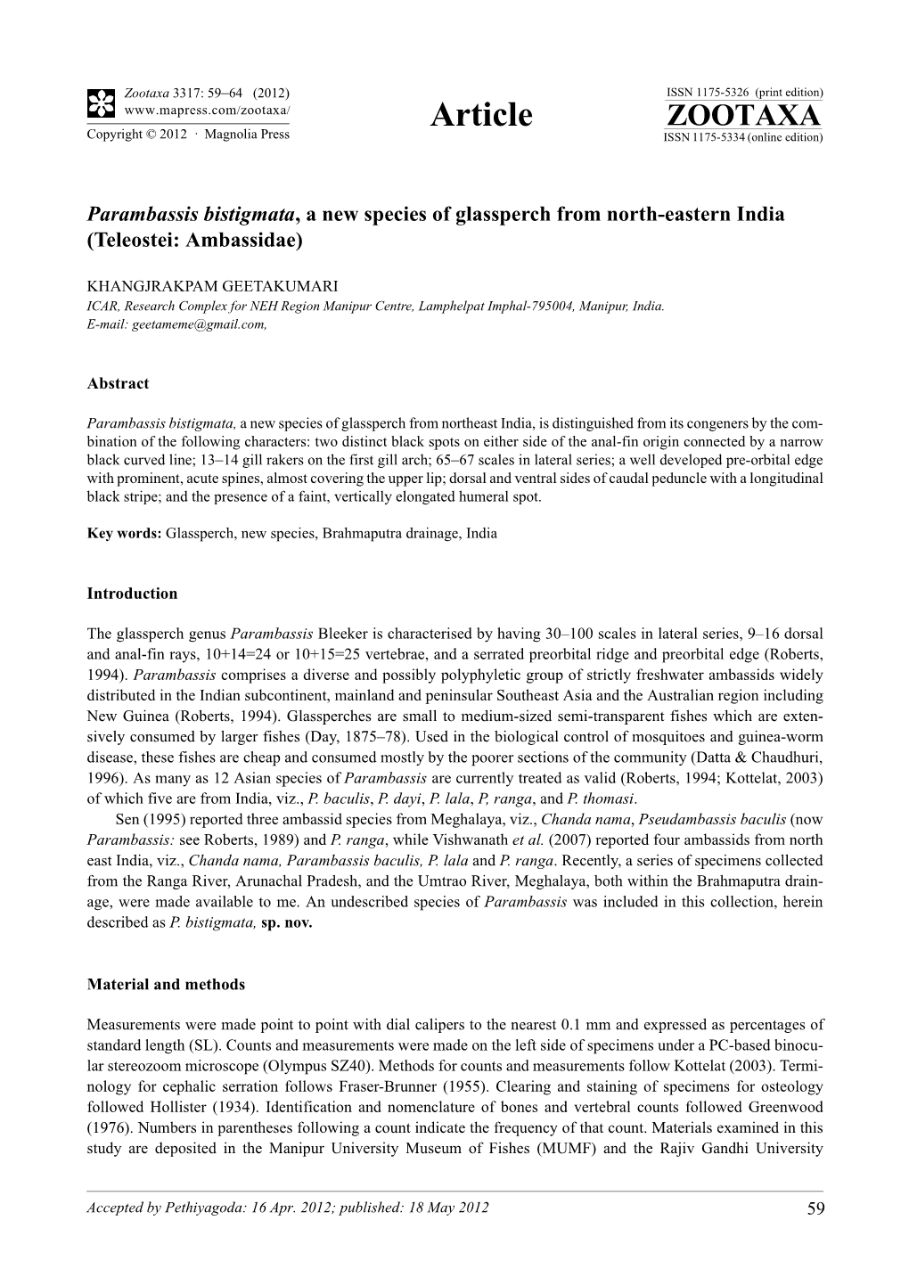 Parambassis Bistigmata, a New Species of Glassperch from North-Eastern India (Teleostei: Ambassidae)