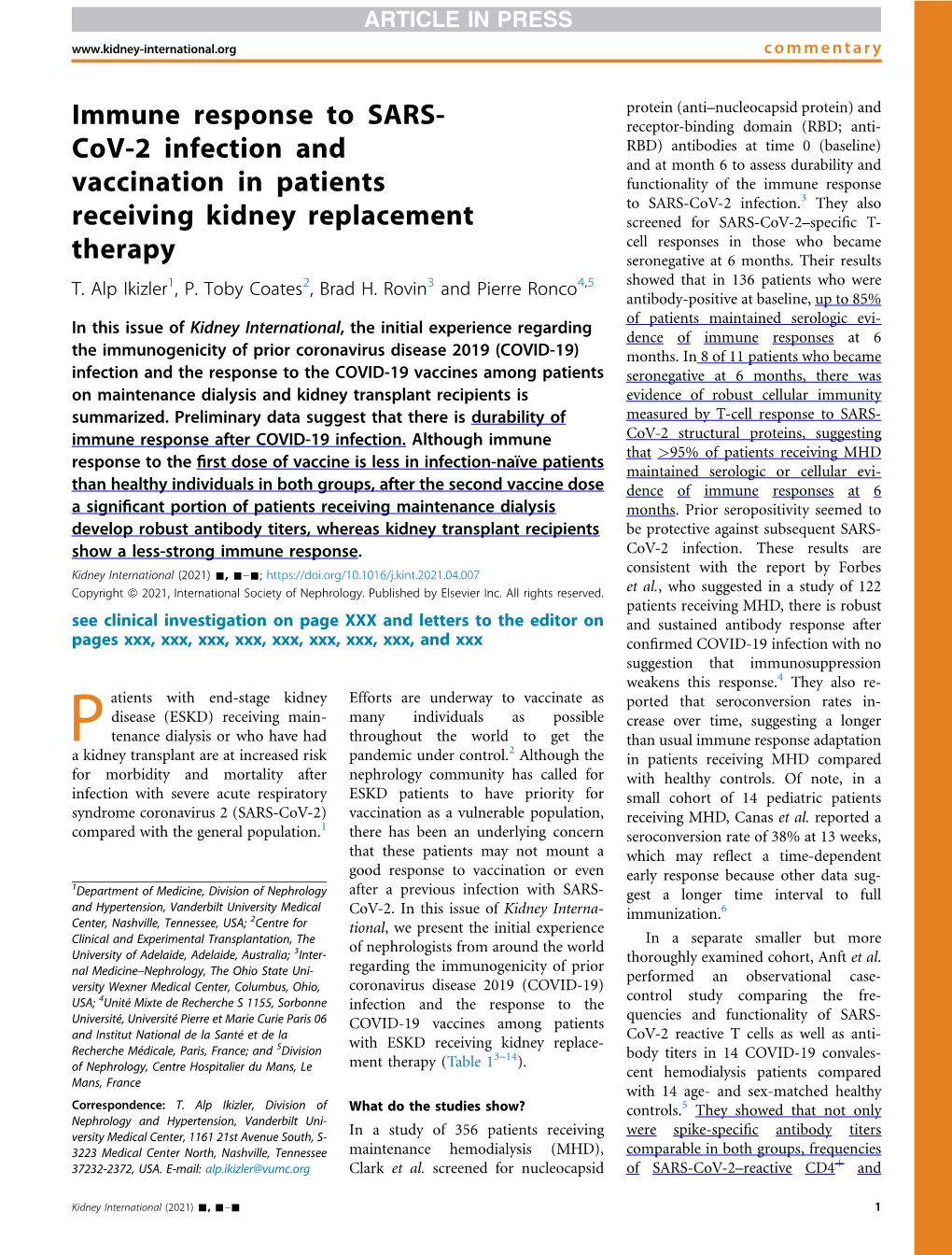 Cov-2 Infection and Vaccination in Patients Receiving Kidney