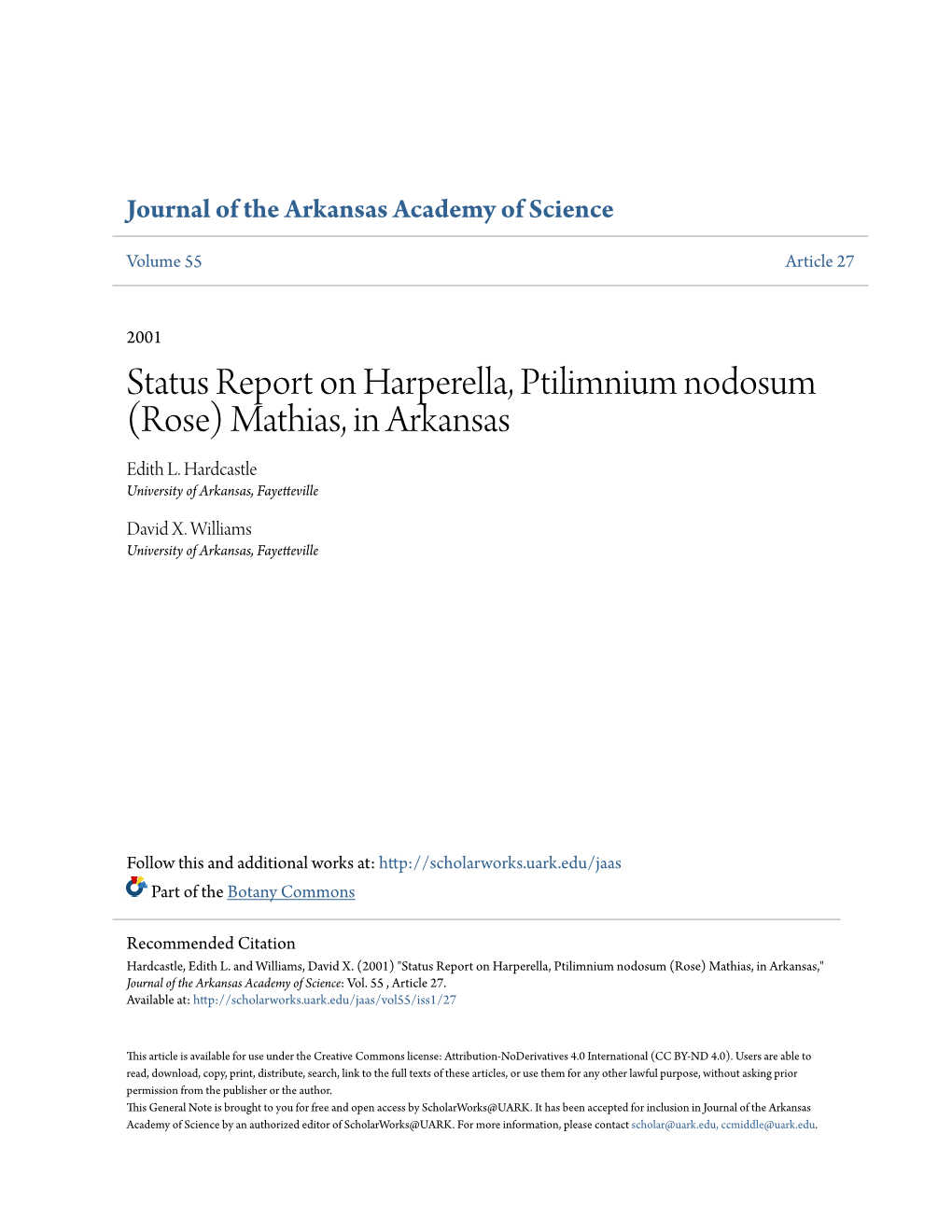 Status Report on Harperella, Ptilimnium Nodosum (Rose) Mathias, in Arkansas Edith L