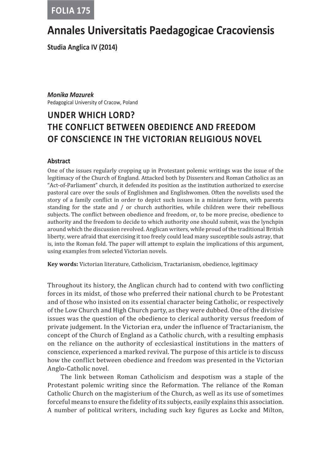 Under Which Lord? the Conflict Between Obedience and Freedom of Conscience in the Victorian Religious Novel