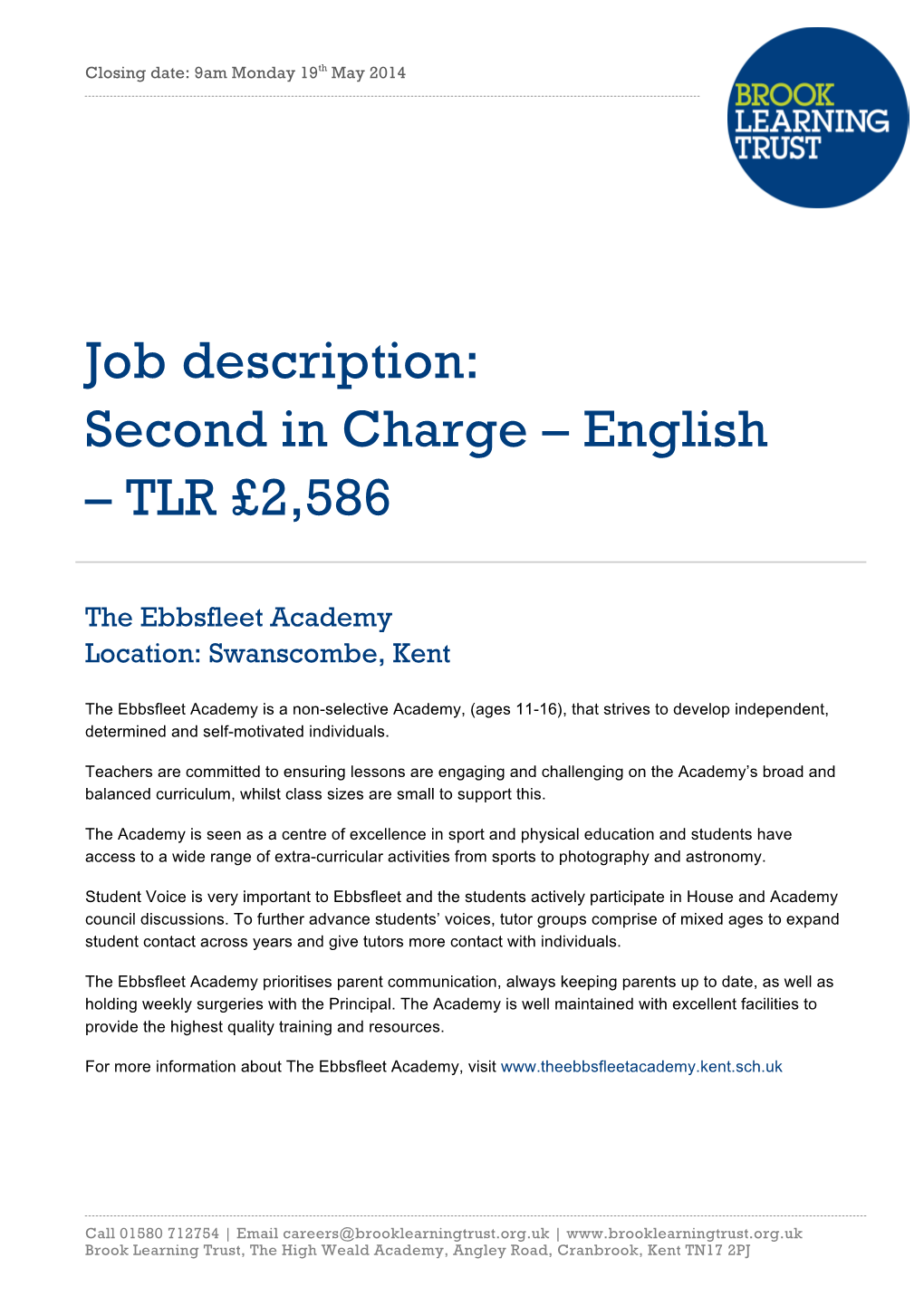 Job Description: Second in Charge – English – TLR £2,586