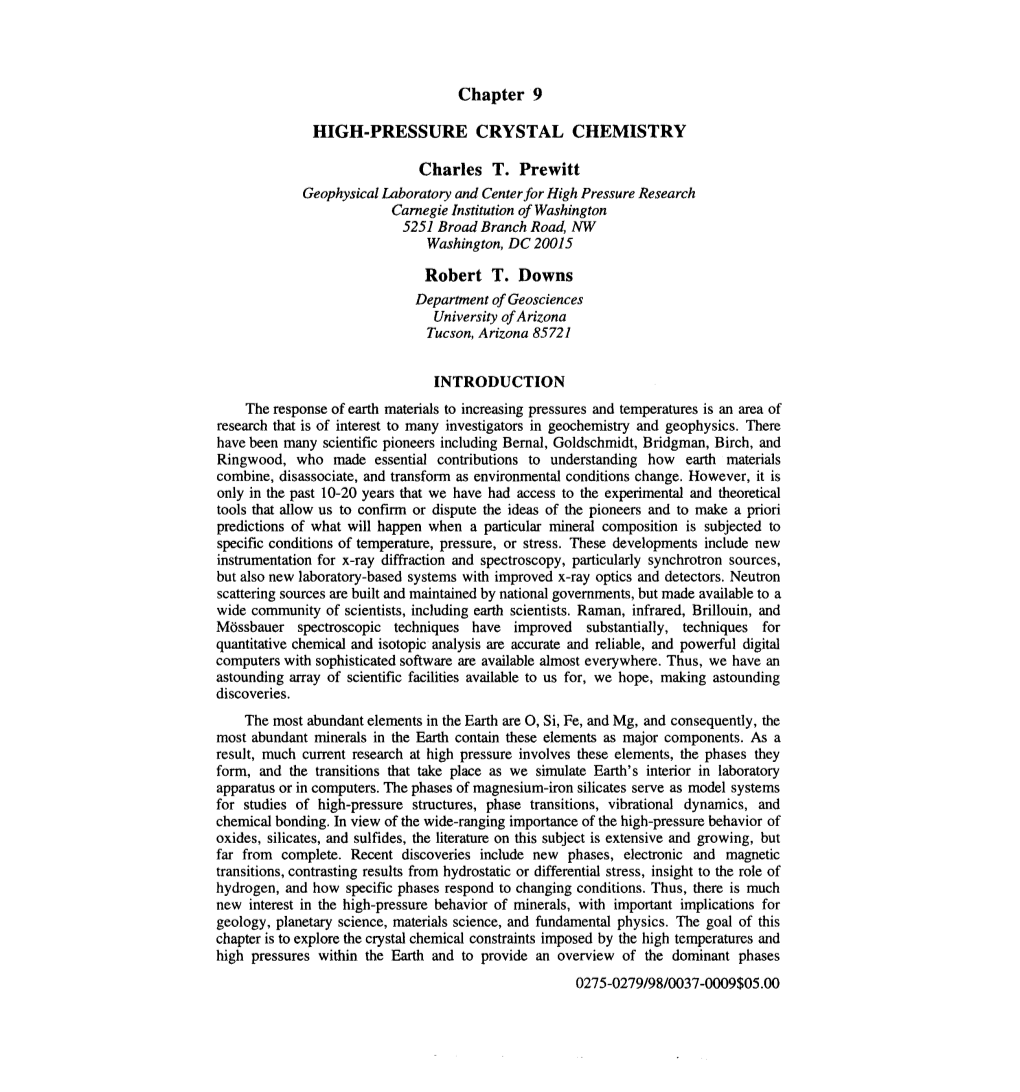 Chapter 9 HIGH-PRESSURE CRYSTAL CHEMISTRY Charles T