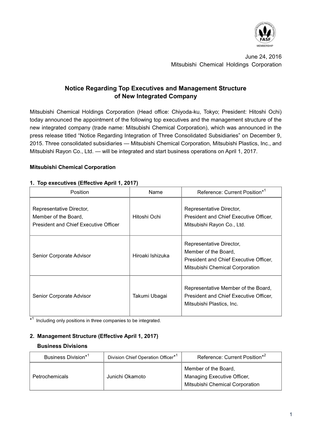 Notice Regarding Top Executives and Management Structure of New Integrated Company