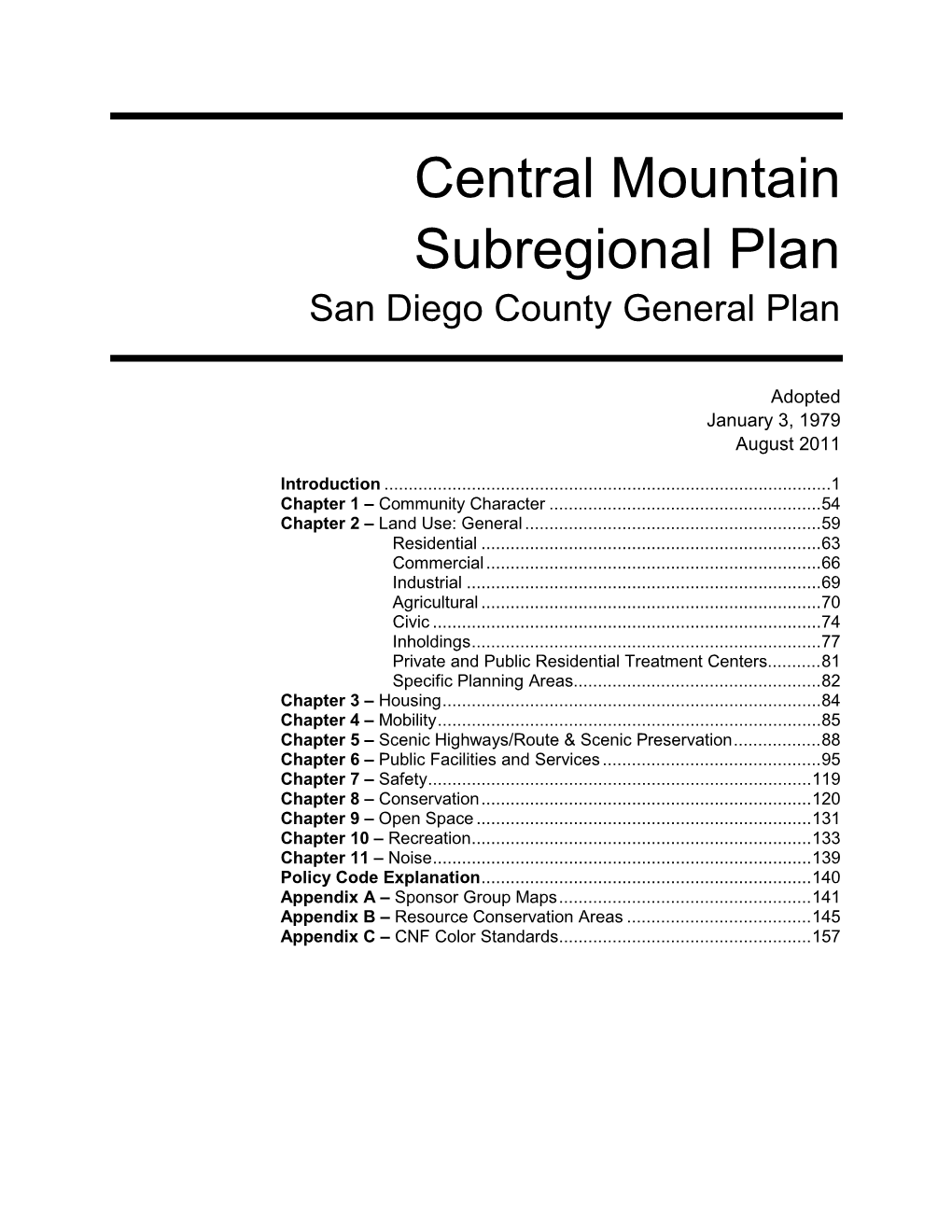 Central Mountain Subregional Plan San Diego County General Plan