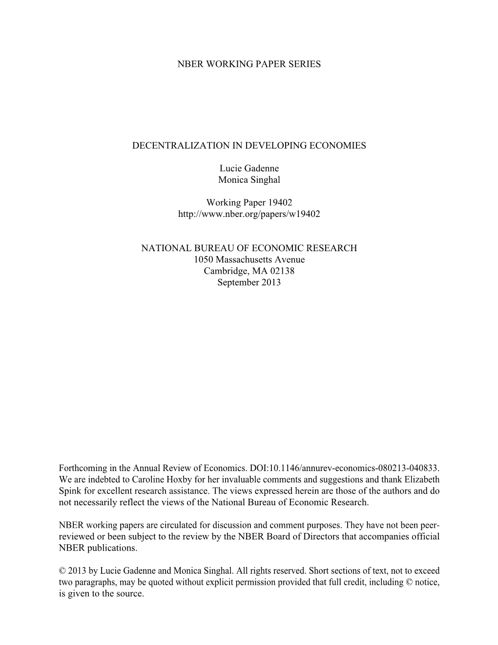 Nber Working Paper Series Decentralization In