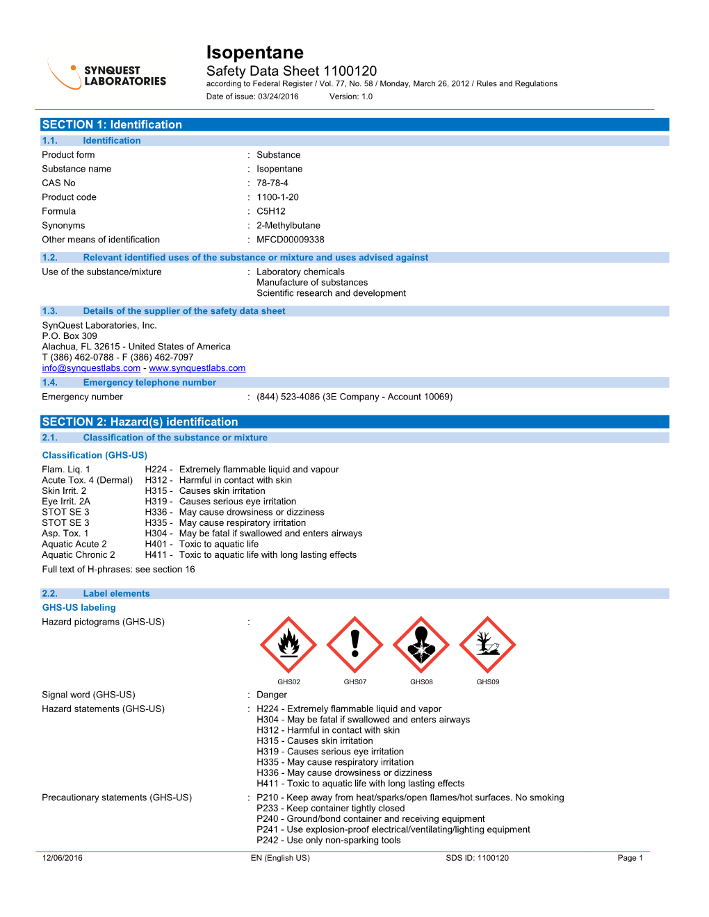 Isopentane Safety Data Sheet 1100120 According to Federal Register / Vol