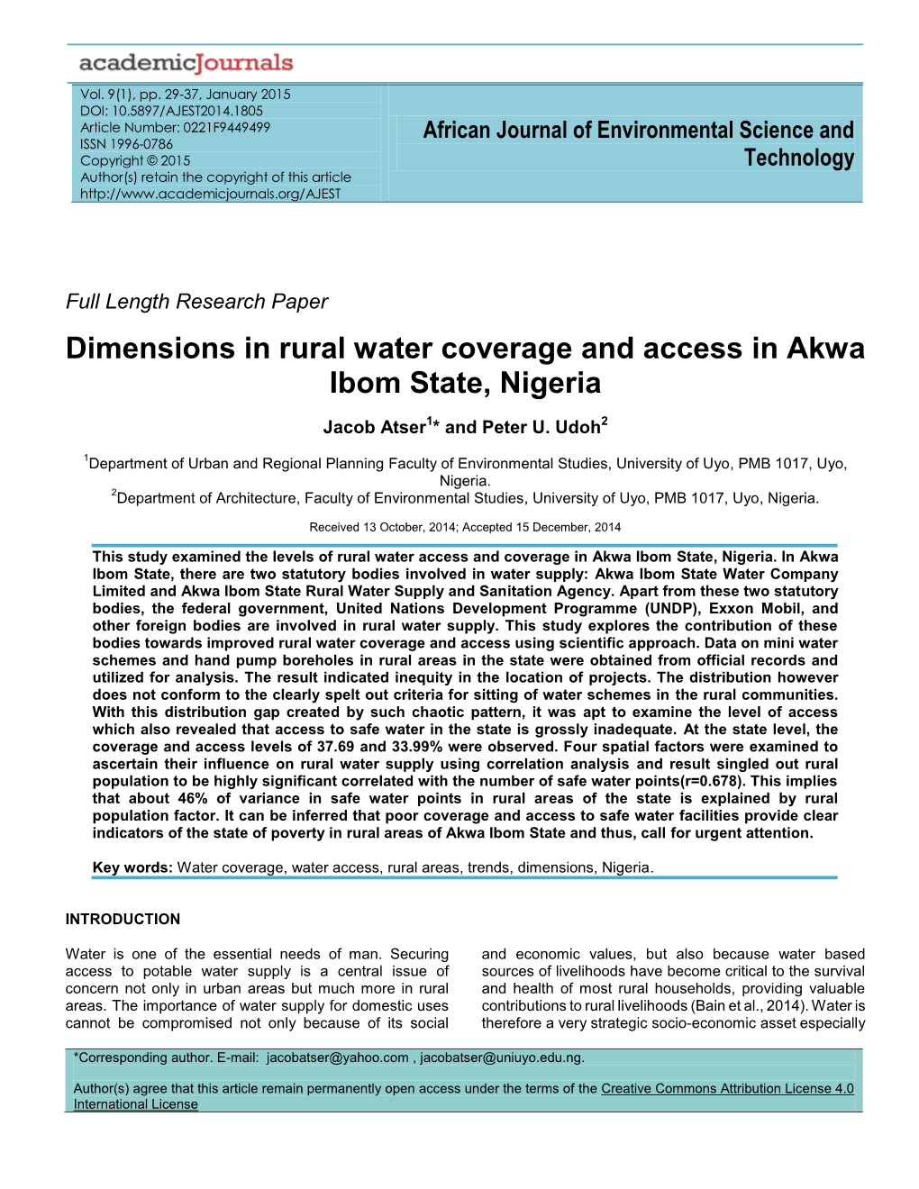 Dimensions in Rural Water Coverage and Access in Akwa Ibom State, Nigeria