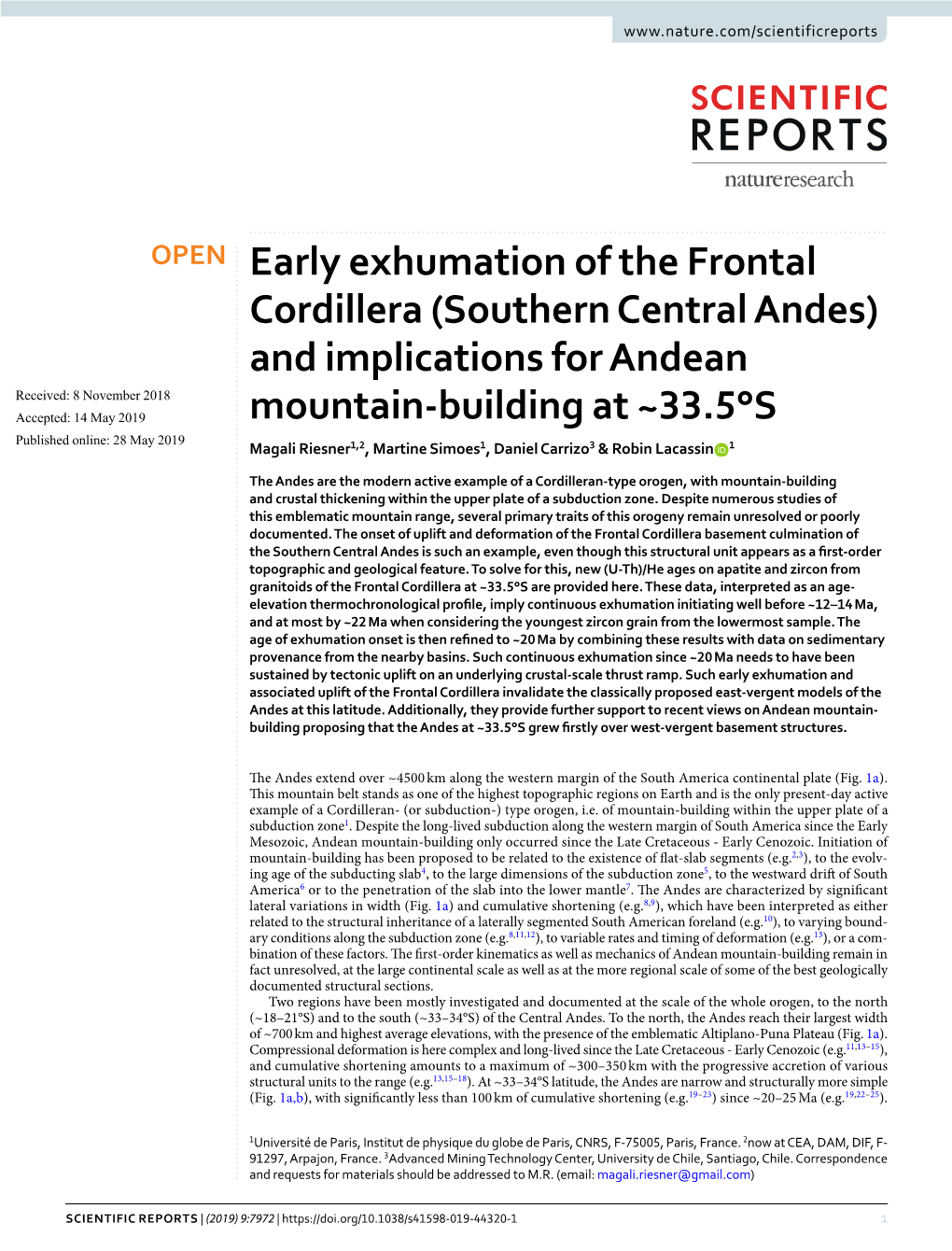 Early Exhumation of the Frontal Cordillera (Southern Central Andes)