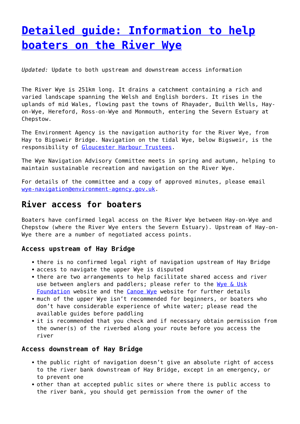 Information to Help Boaters on the River Wye