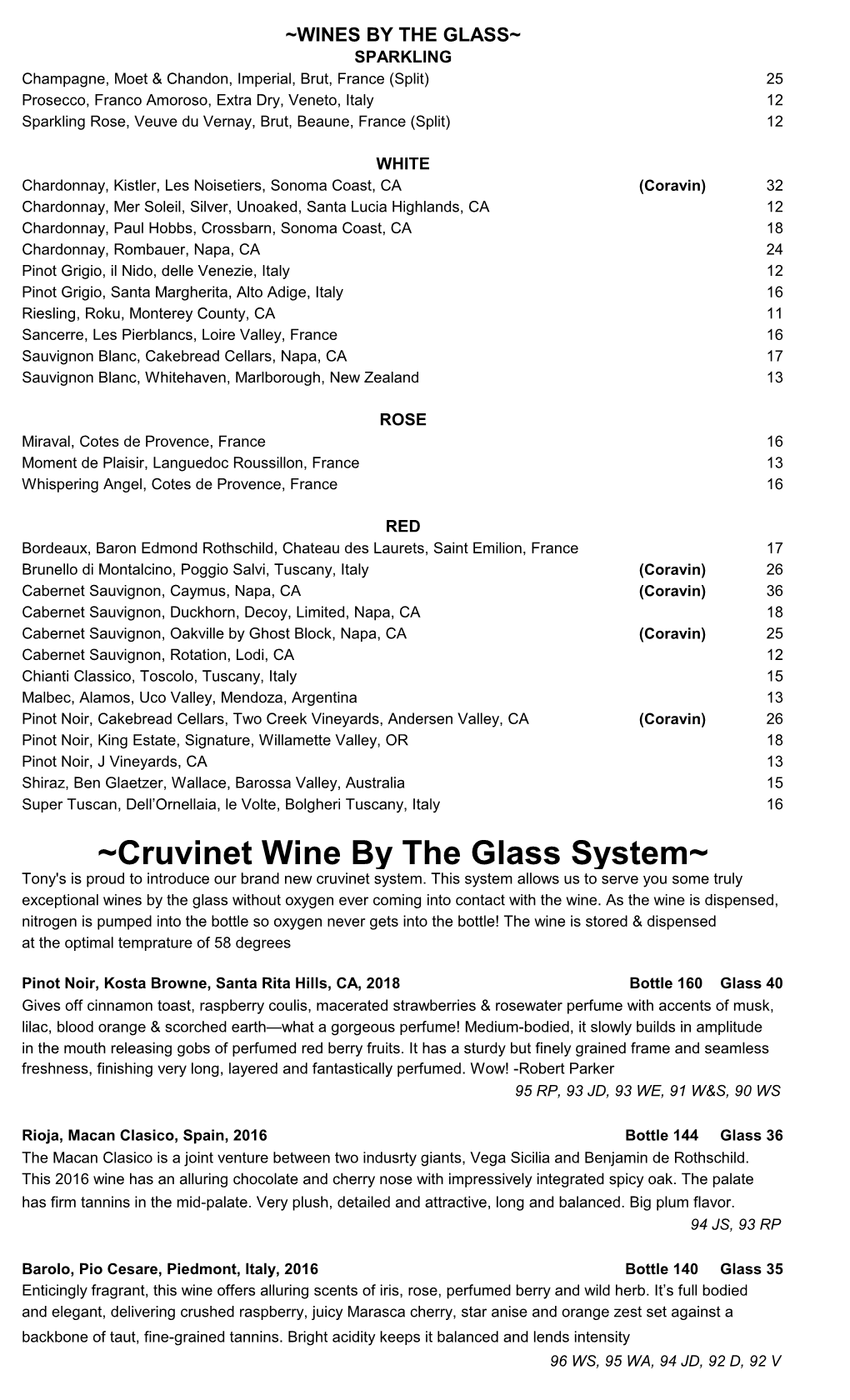Cruvinet Wine by the Glass System~ Tony's Is Proud to Introduce Our Brand New Cruvinet System